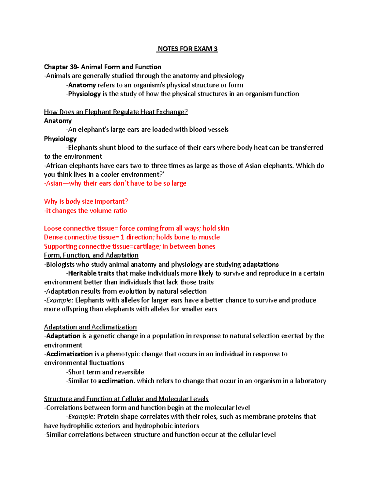 Bio Notes 2 Exam 3 - NOTES FOR EXAM 3 Chapter 39- Animal Form and ...