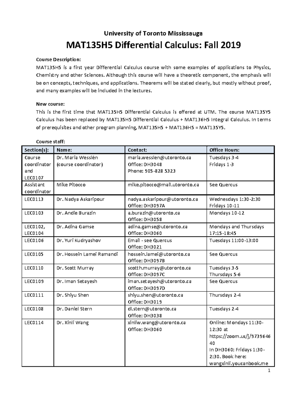 MAT135H5 Differential calculus course outline University of Toronto