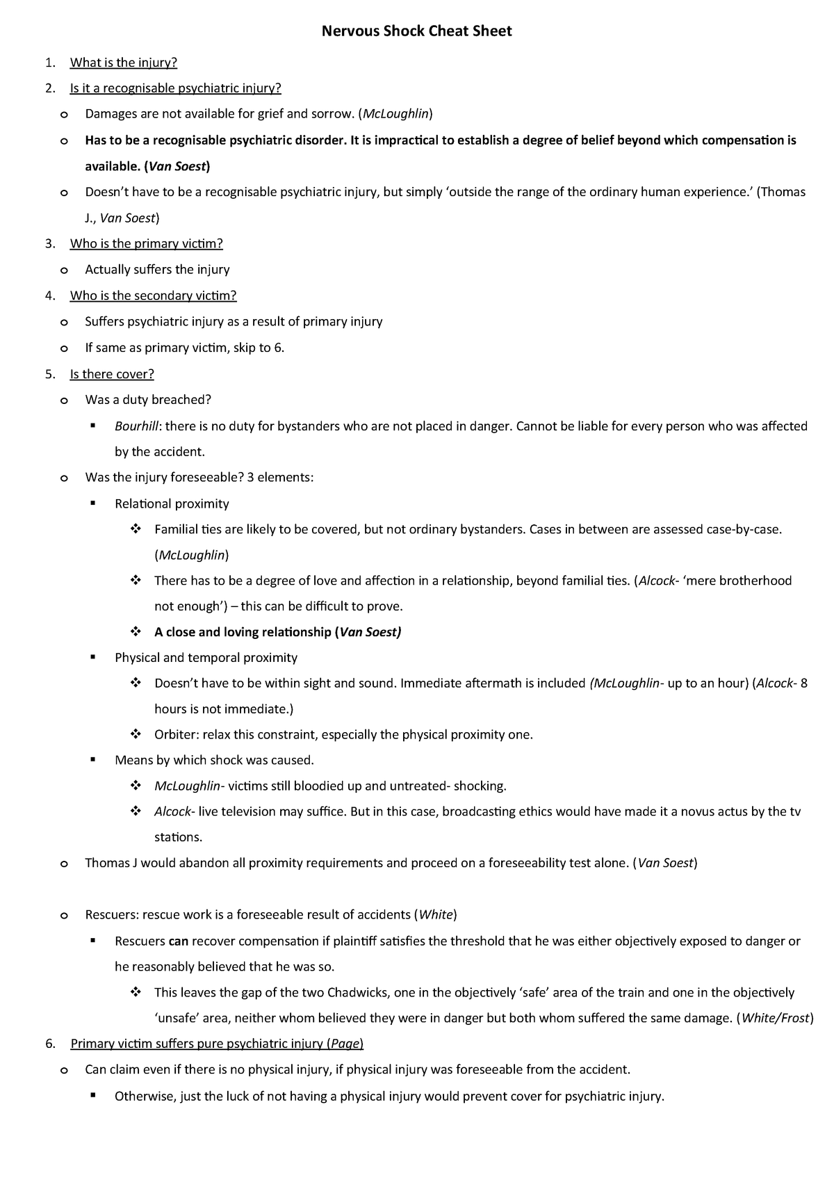 Nervous Shock cheat sheet - The Law of Torts LAWS212 - StuDocu