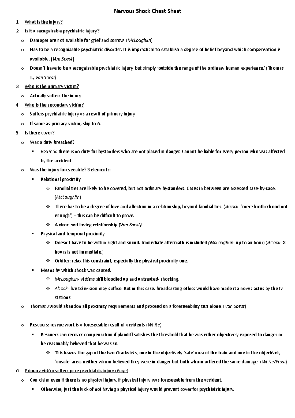 Nervous Shock cheat sheet - What is the injury? 2. Is it a recognisable ...