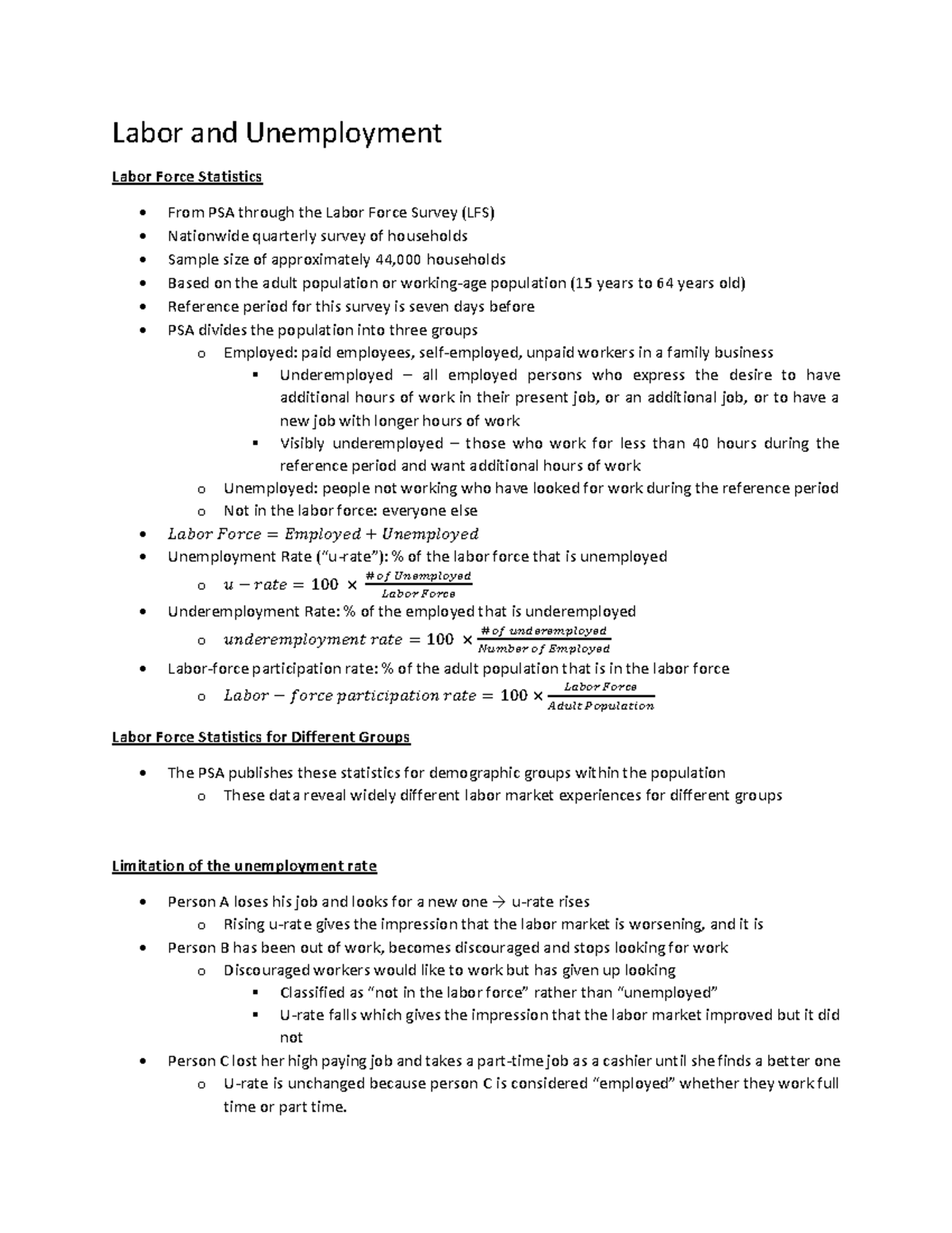 Econ 100.1 LE 2 Part 2 - Labor and Unemployment - Labor and ...