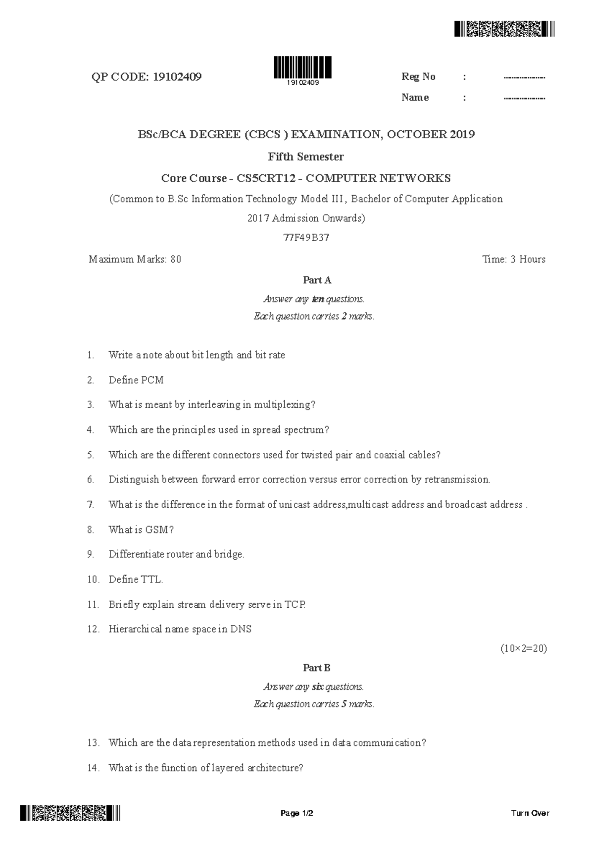 Computer Networks 2019 - QP CODE: 19102409 Reg No ...