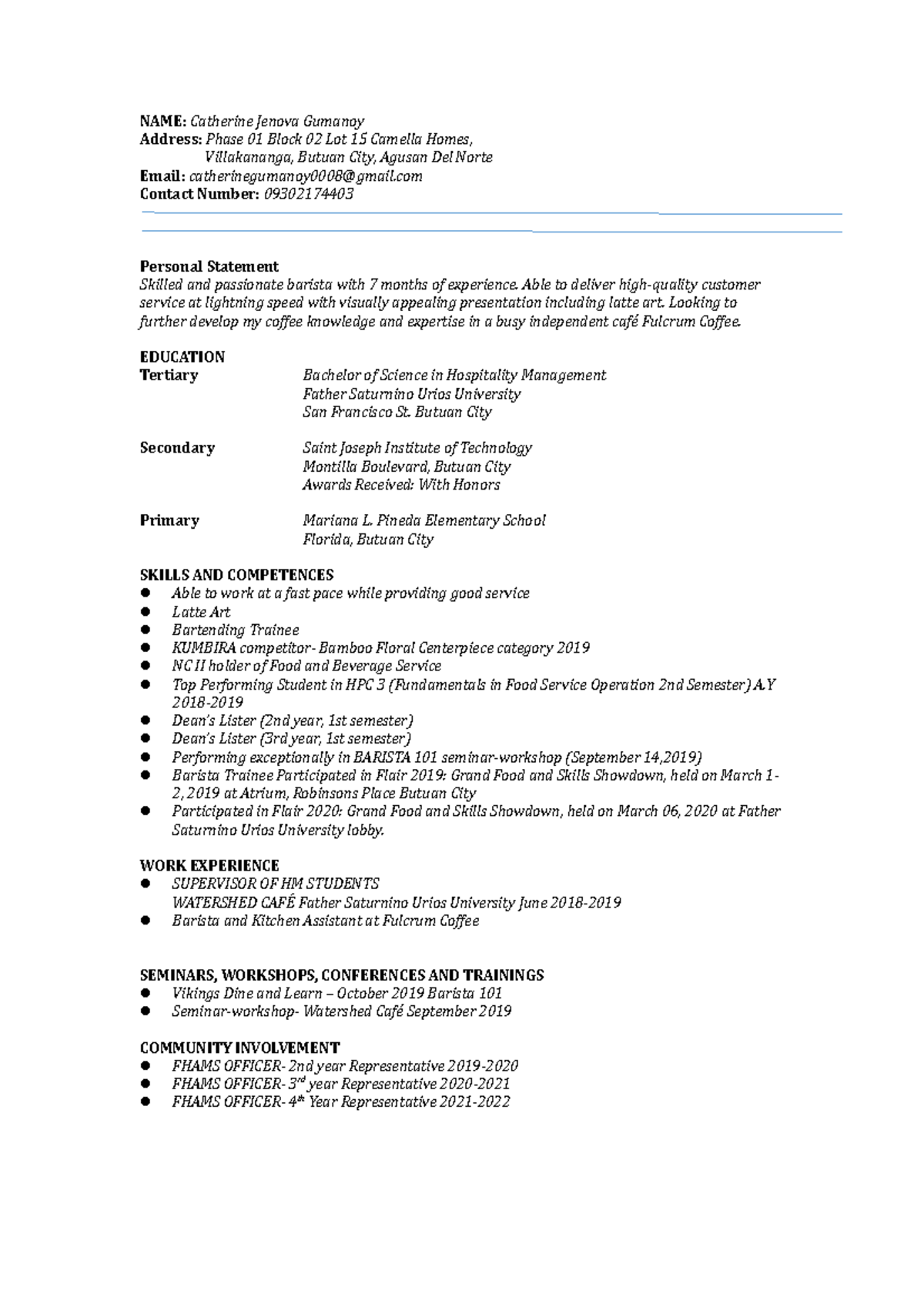 Gumanoy- Final CV - N/A - NAME: Catherine Jenova Gumanoy Address: Phase ...