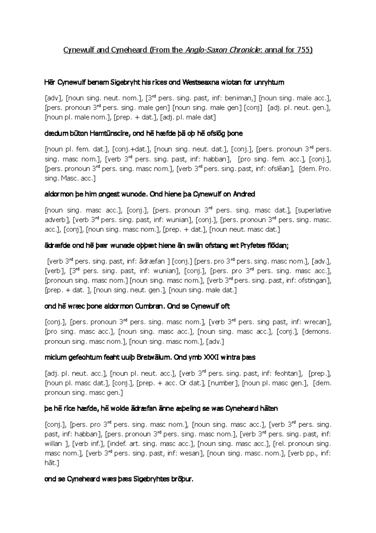 Cynewulf: Traduction avec détail 1 - Cynewulf and Cyneheard (From the ...