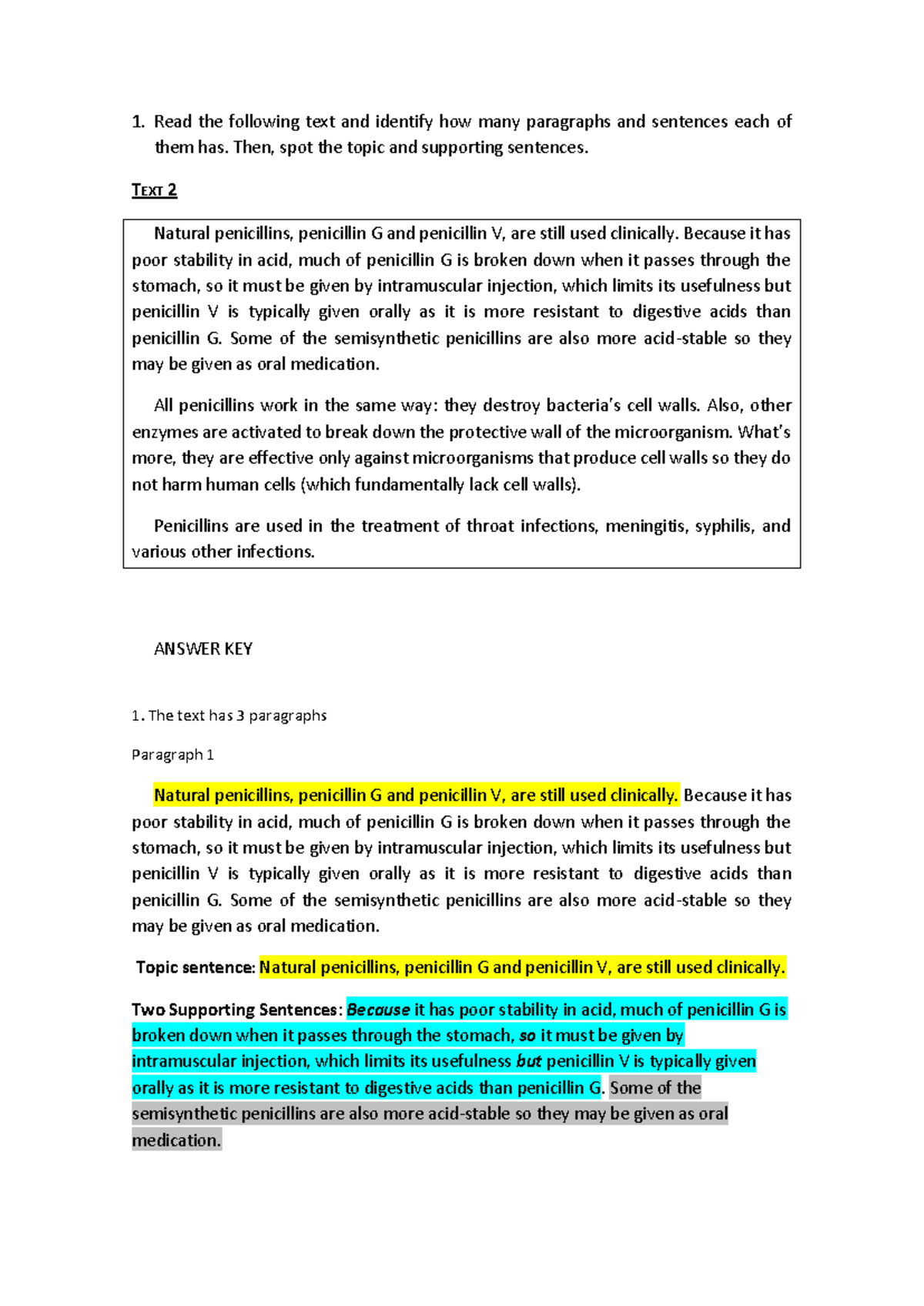TEXT 2 Writing Paragraphs KEY - Read the following text and identify ...