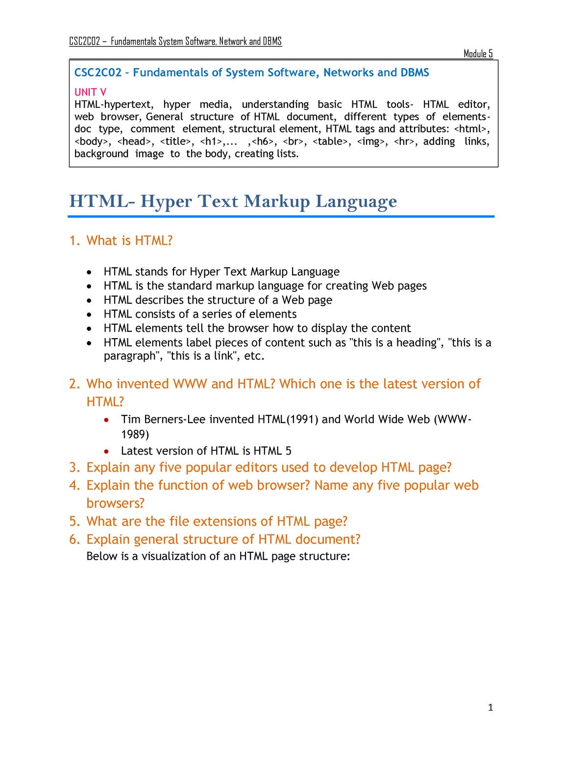 HTML Questions And Answers - Module 5 CSC2C02 – Fundamentals Of System ...