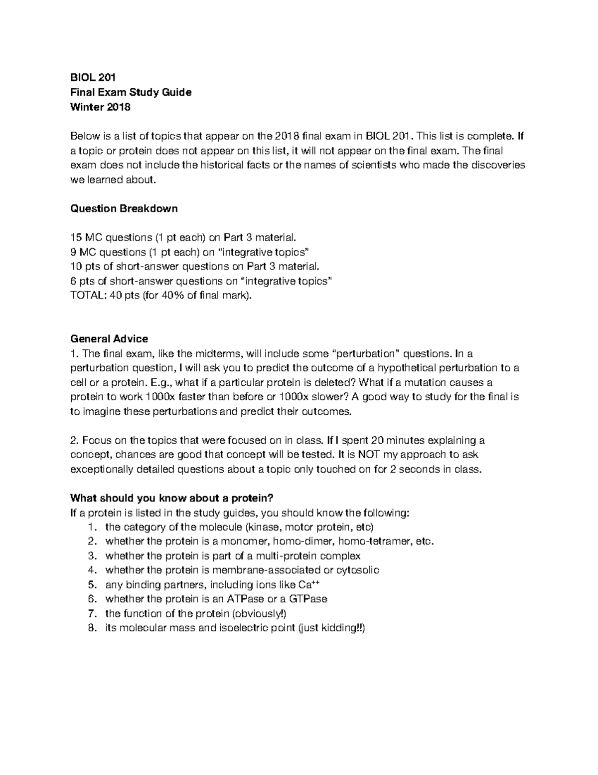 Study Guide Final Exam - BIOL 201 Final Exam Study Guide Winter 2018 ...