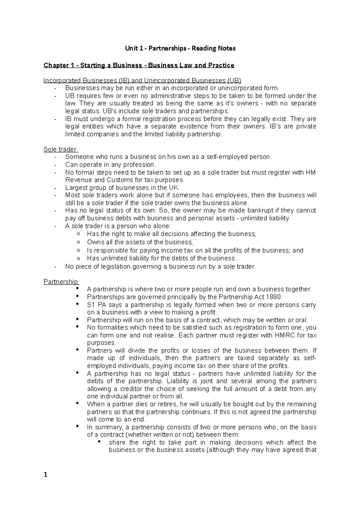 Unit 1 - Partnerships - Reading Notes - UB requires few or even no ...