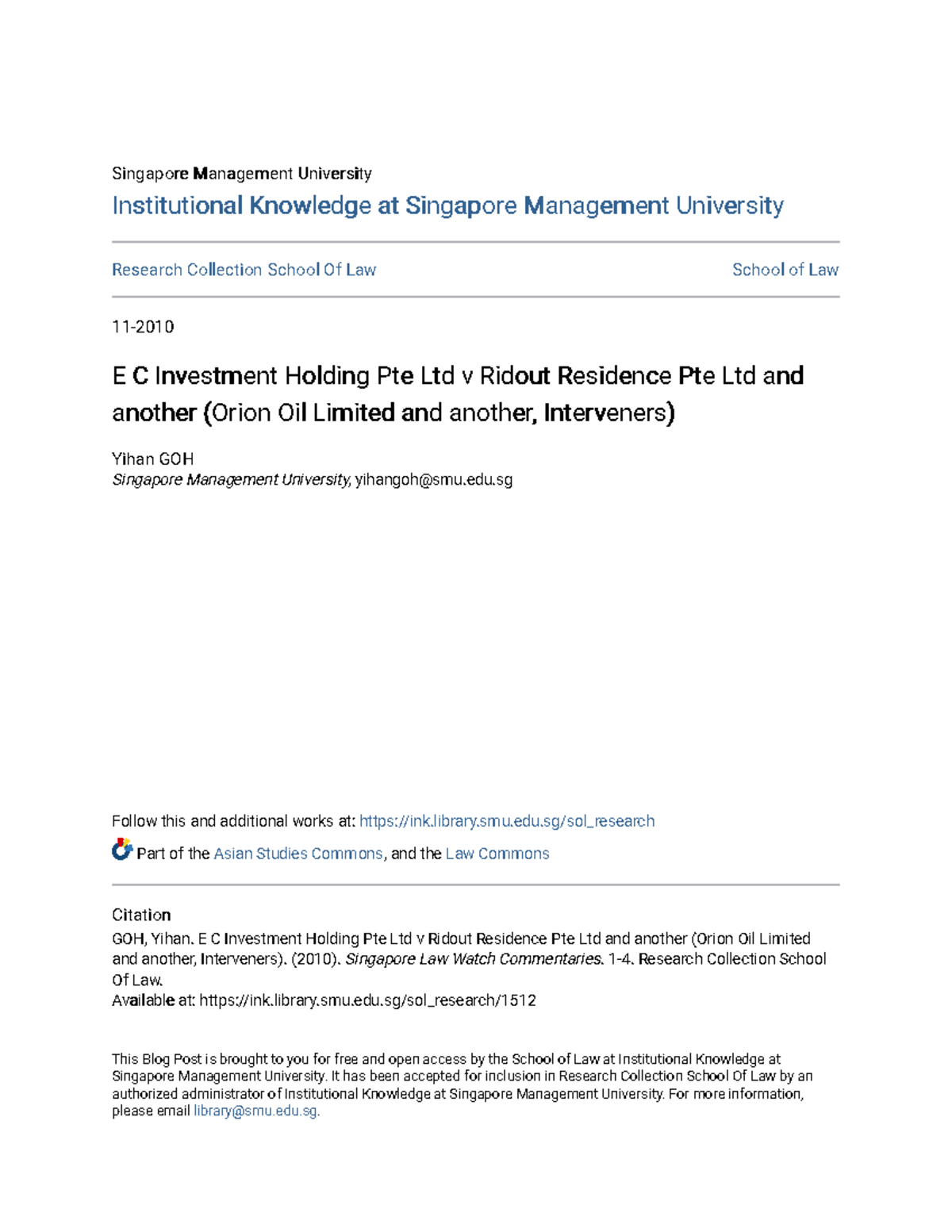 E C Investment Holding Pte Ltd v Ridout Residence Pte Ltd and ano edu