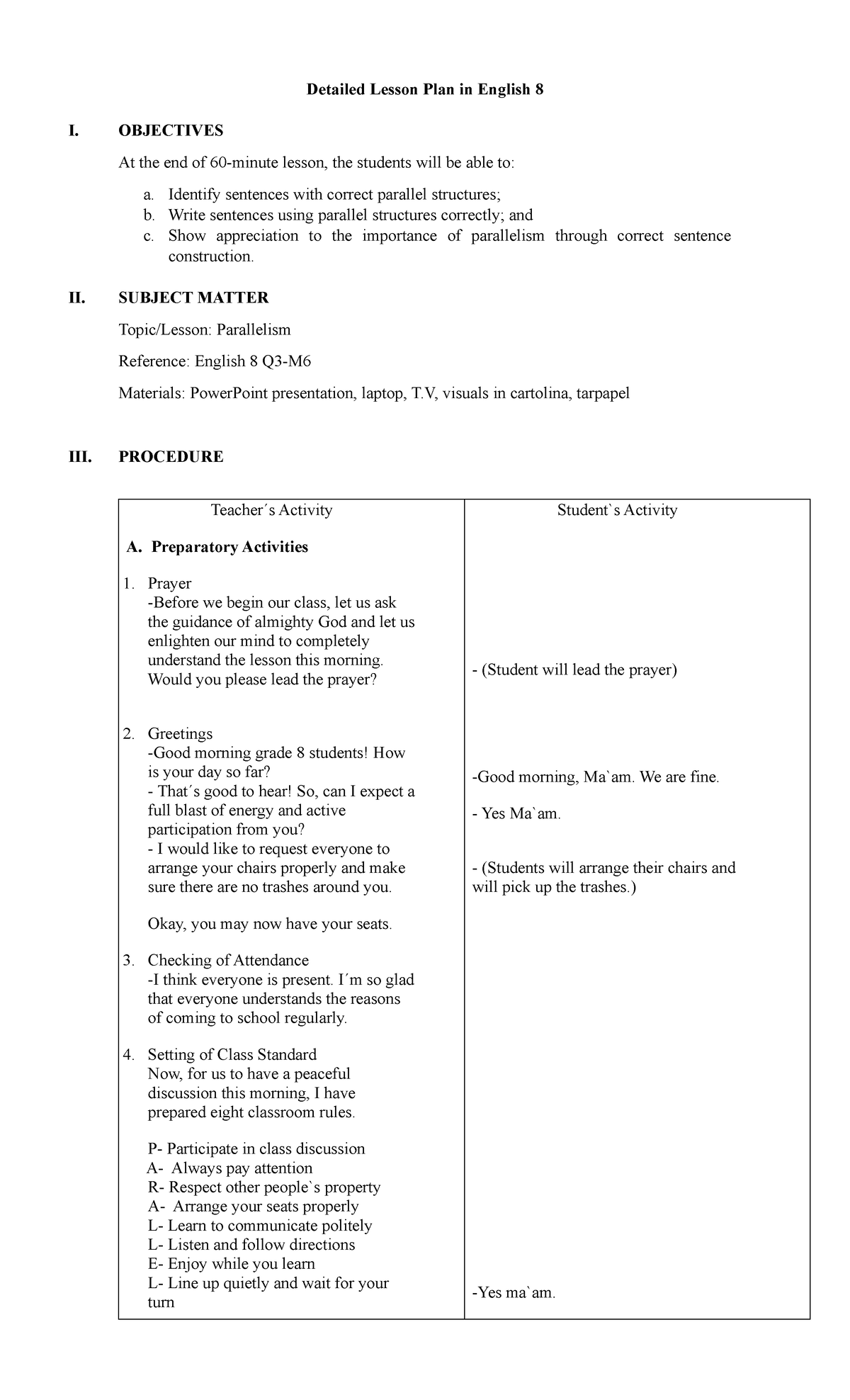 Lesson Plan in English 8 Ranking - Detailed Lesson Plan in English 8 I ...