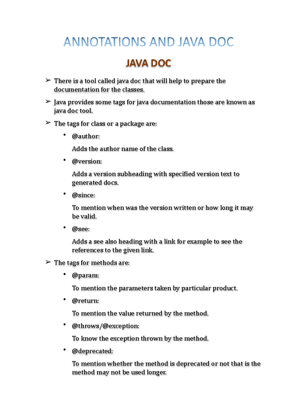 1.1 Annotations - NANANANA - ANNOTATIONS AND JAVA DOC JAVA DOC There is ...