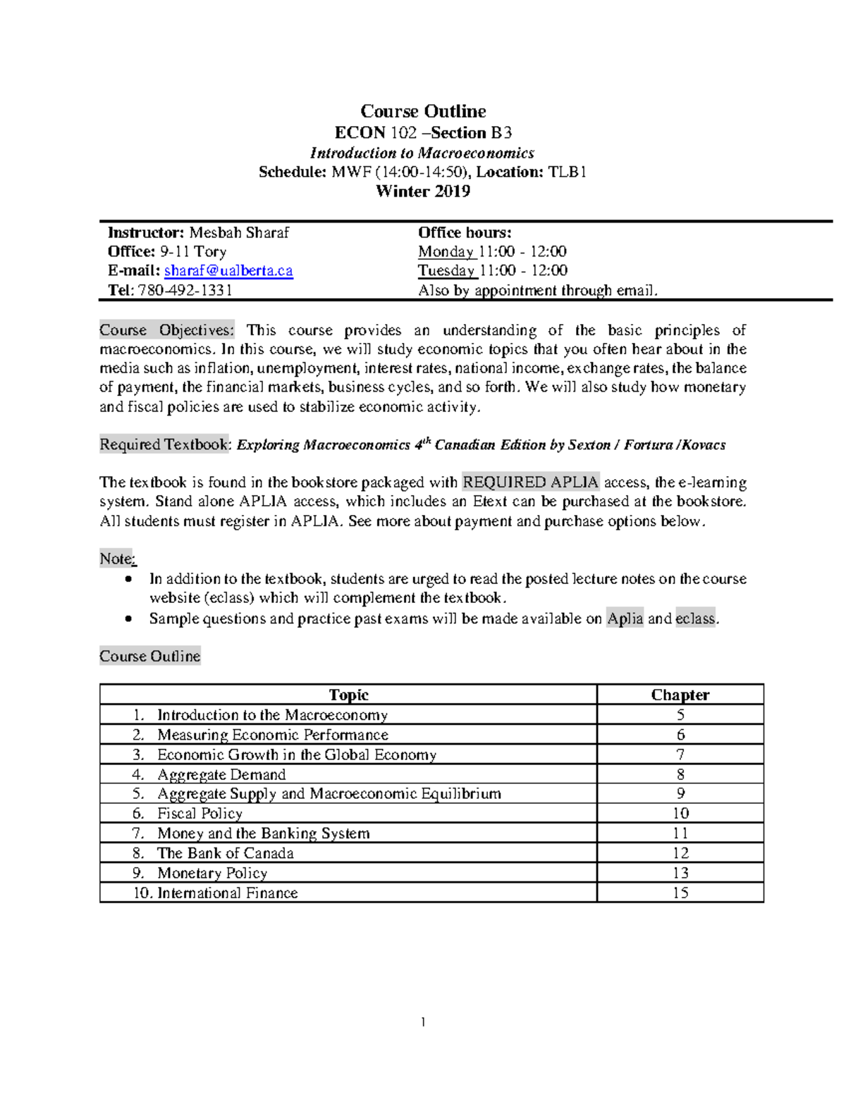 2019 Winter ECON 102 Lecture B3 - Course Outline ECON 102 – Section B ...