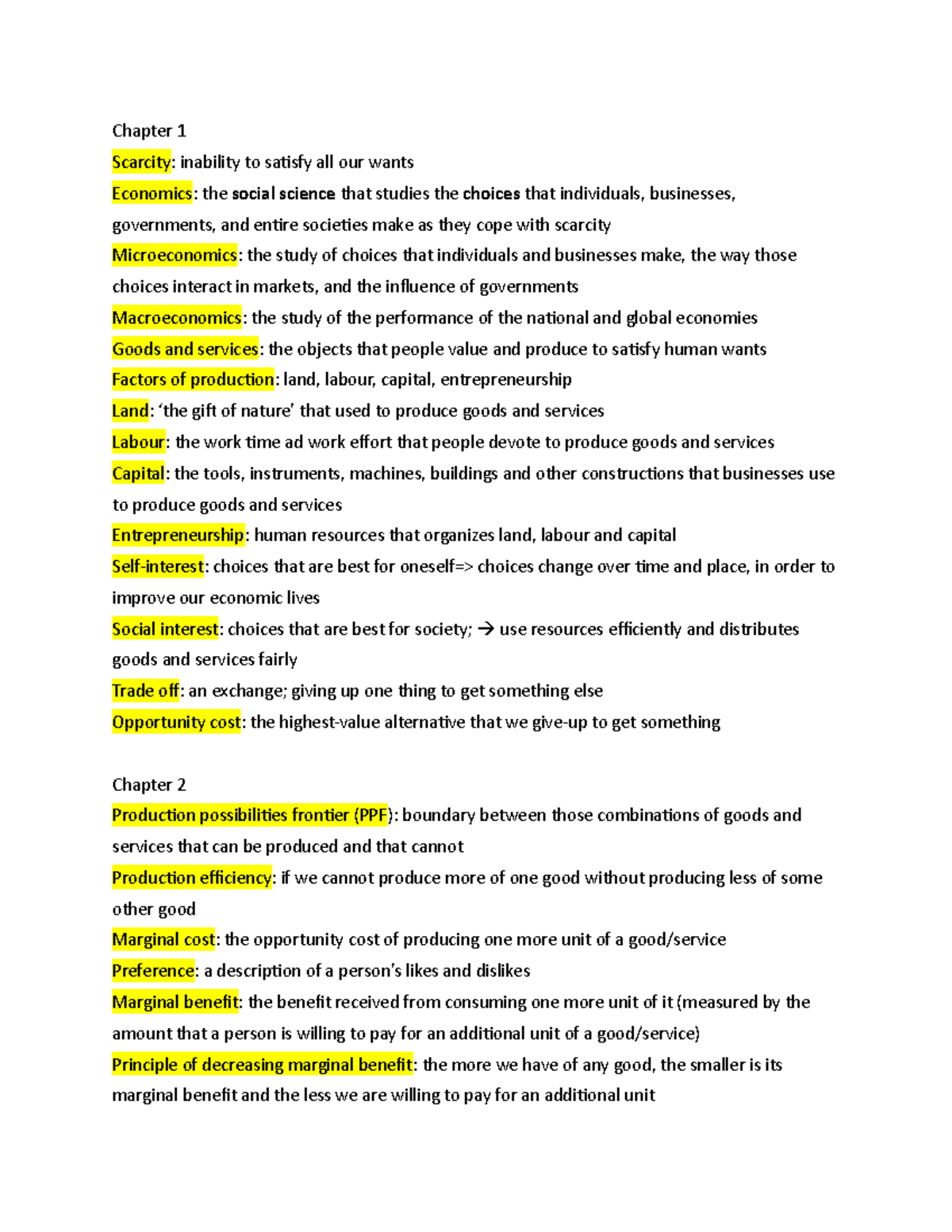 ECON definitions - Chapter 1 Scarcity: inability to satisfy all our ...