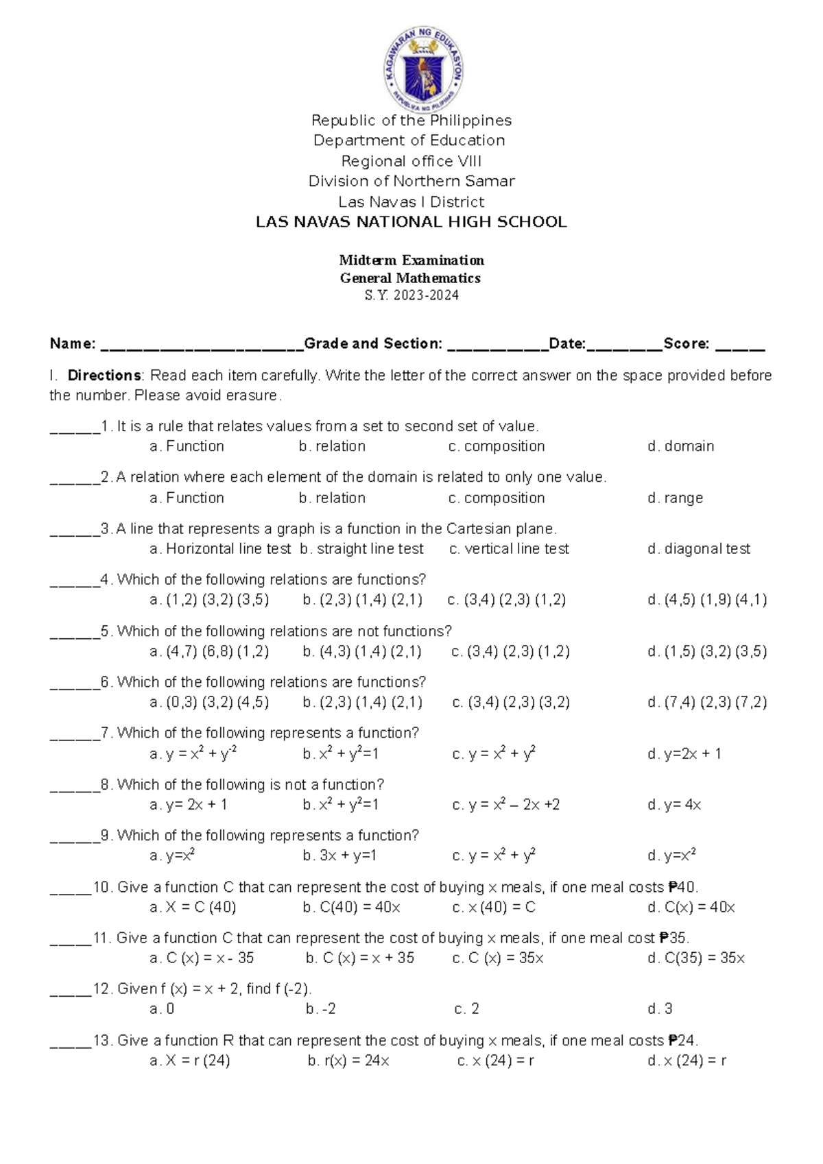 General math lecture notes republic of the philippines department of