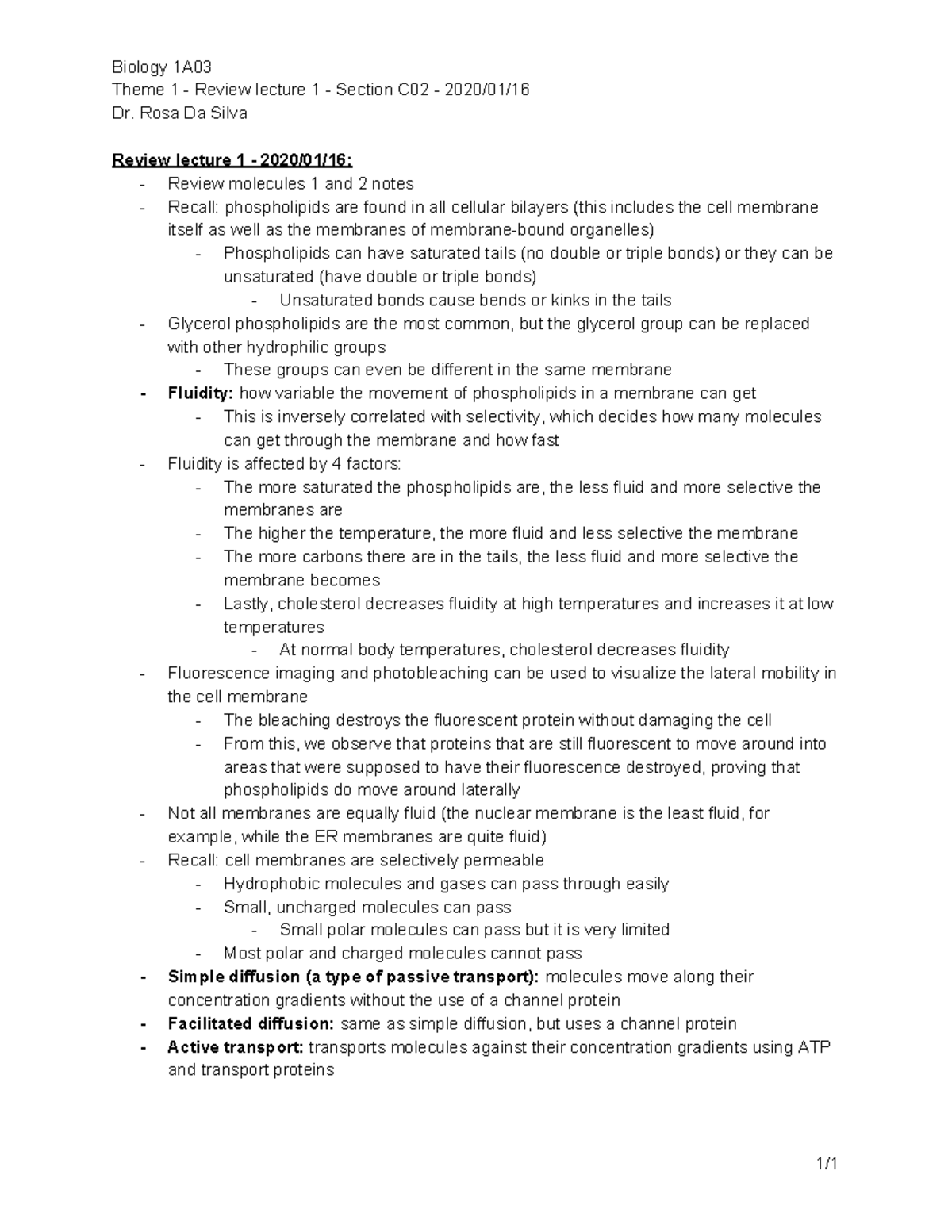 Bio 1A03; Review Lecture 01162020 Biology 1A Theme 1 Review