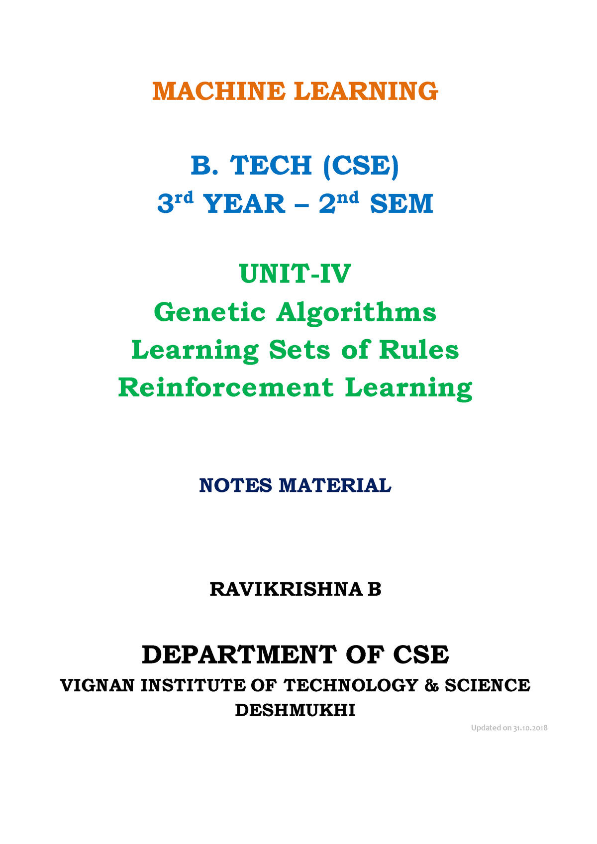 3-1CSE ML U4 Notes - MACHINE LEARNING B. TECH (CSE) 3 Rd YEAR – 2 Nd ...