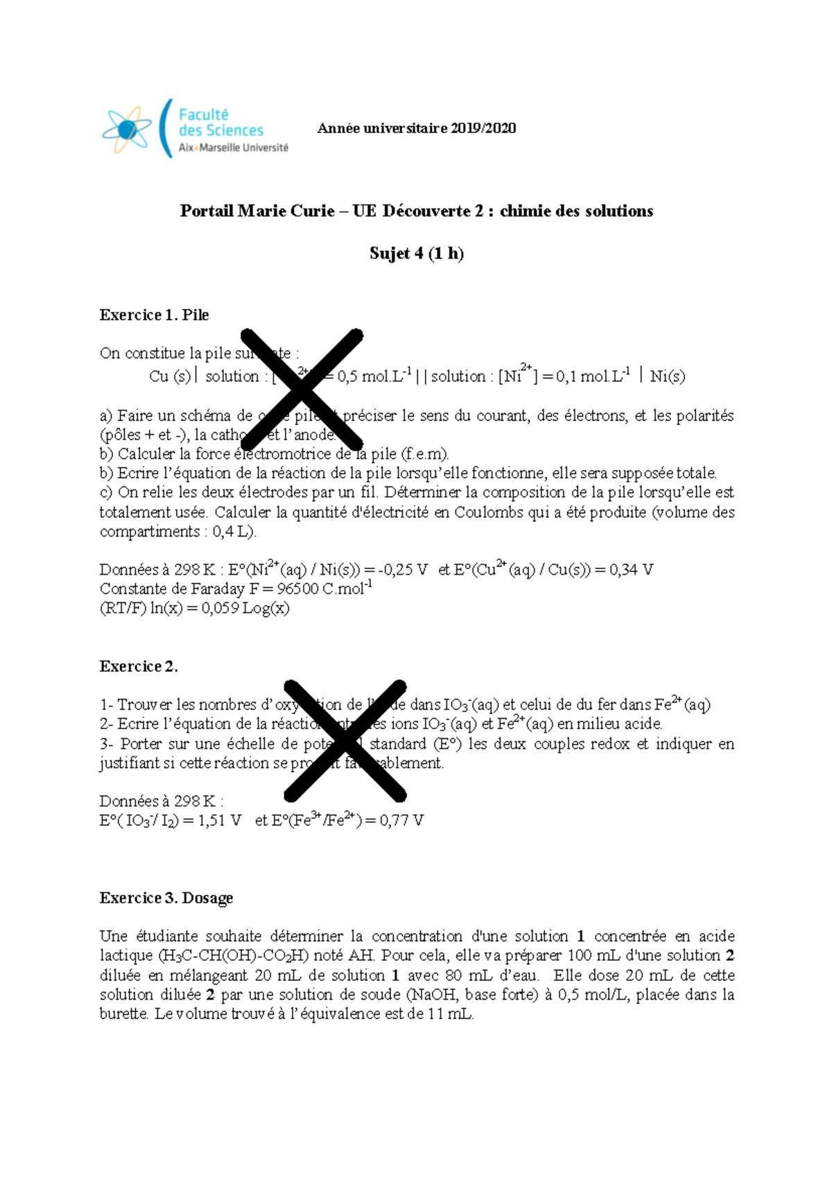 Sujet 2 chimie des solutions mai 2020 (chimie générale) - Année ...