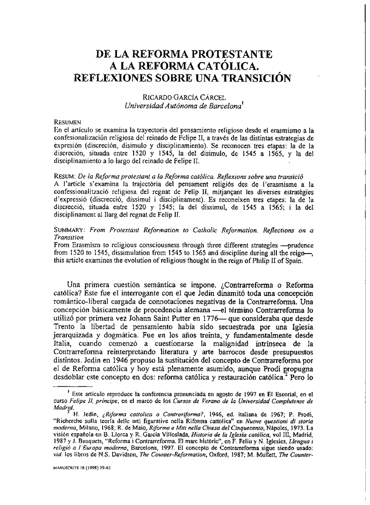 Articulo Sobre La Contrarreforma - DE LA REFORMA PROTESTANTE A LA ...