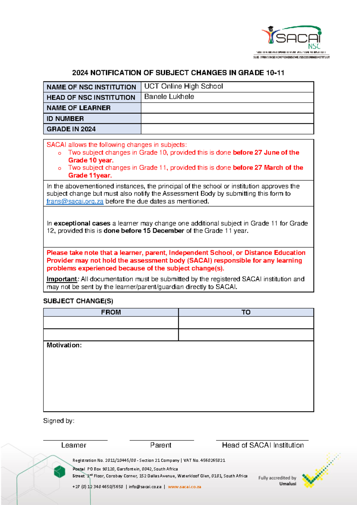 2024 Notification of Subject Change Gr 10-11 - Registration No. 2011 ...