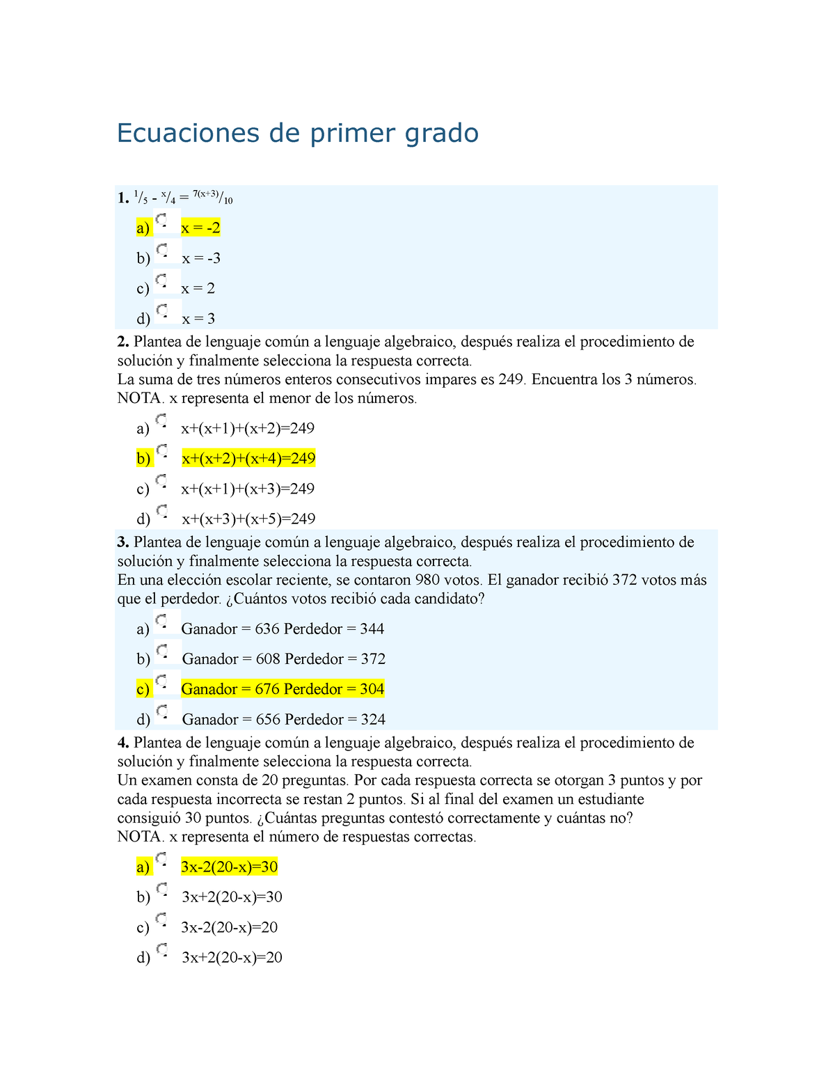 Ecuaciones De Primer Grado Examen Ecuaciones De Primer Grado 1 1 5 X 4 7x3 10 A X 