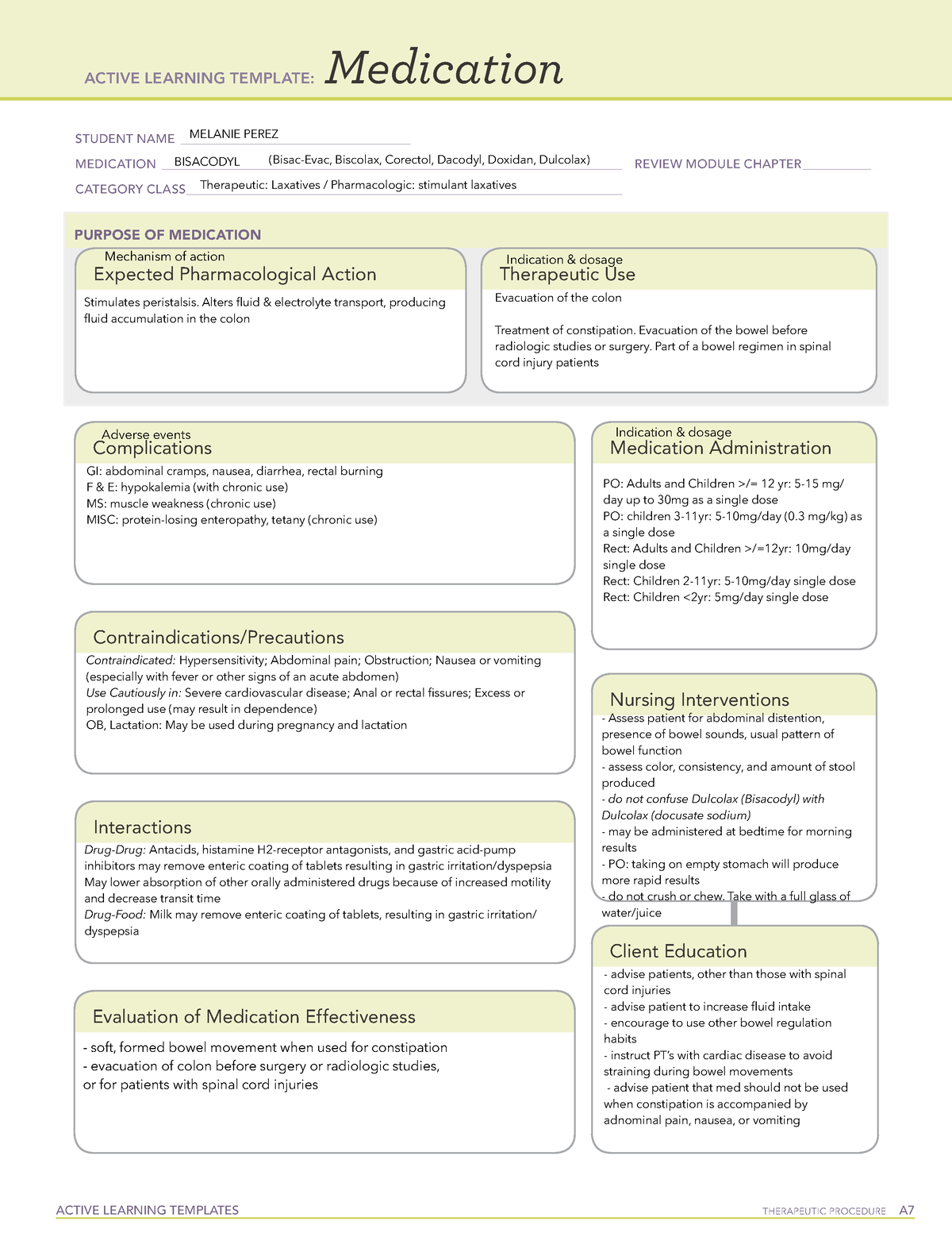 Bisacodyl Med Card Fundamentals of Nursing ACTIVE LEARNING TEMPLATES
