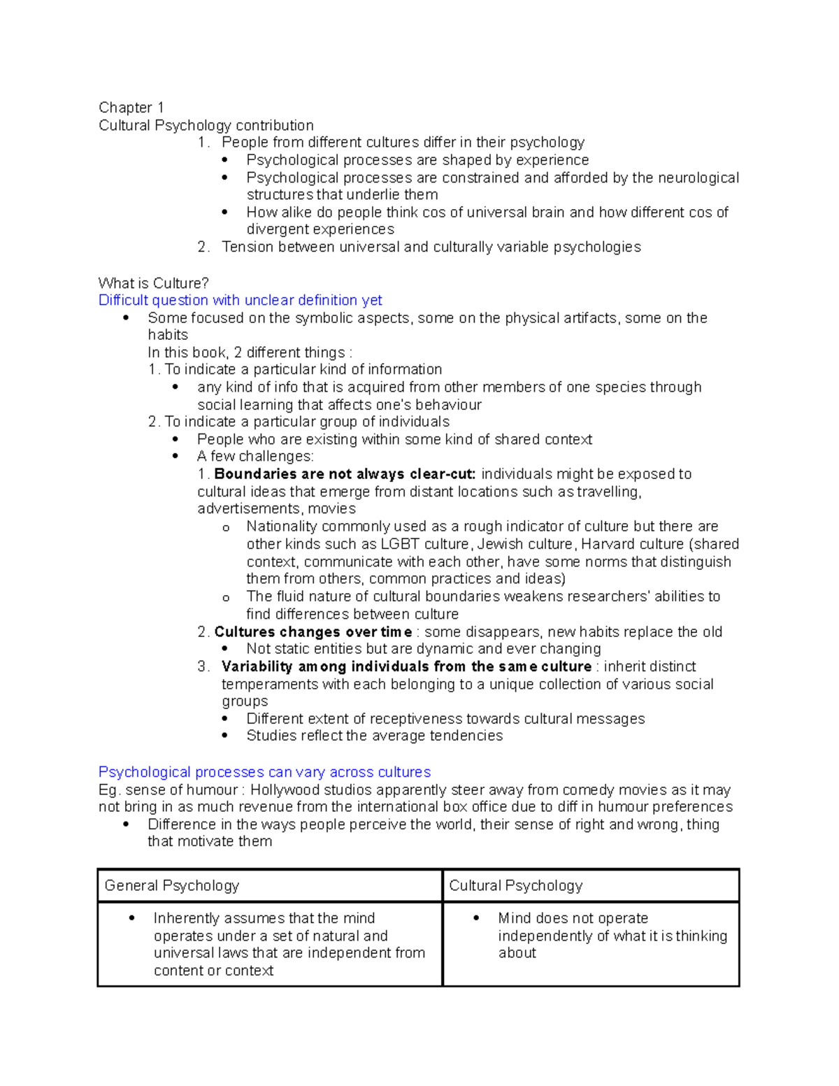 Cultural psych chapter 1 notes - Chapter 1 Cultural Psychology ...