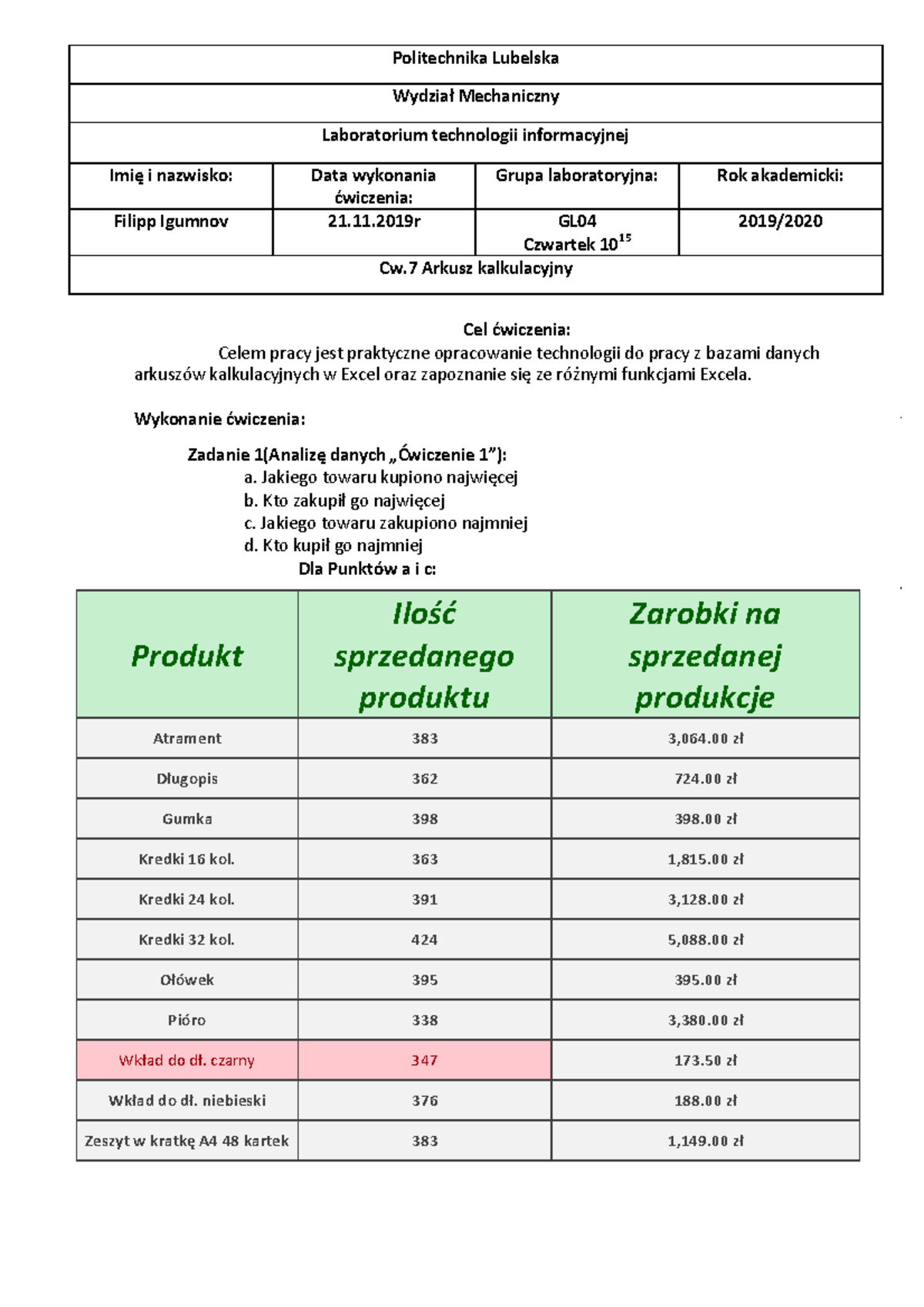 FULL Sprawozdanie cw7 arkusz kalkulacyjny - Politechnika Lubelska