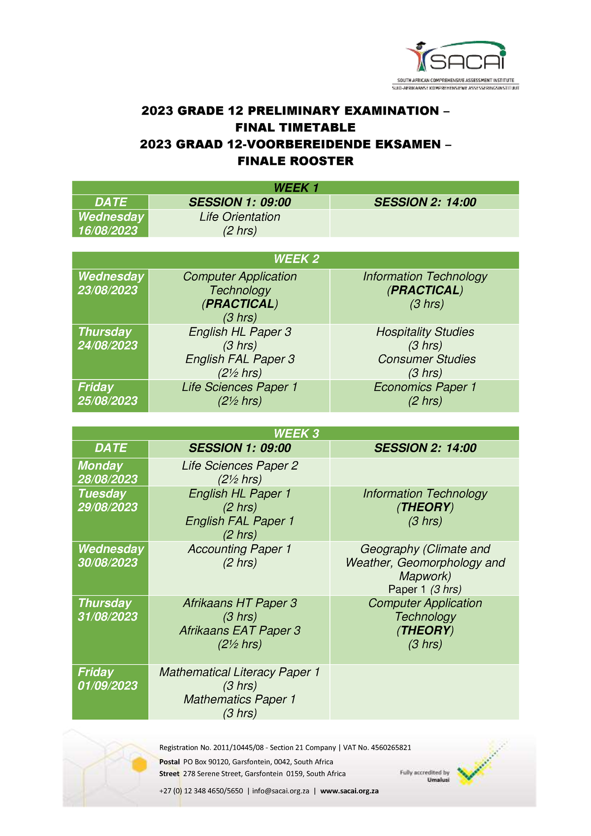 23 nsc final prelim timetable Studocu