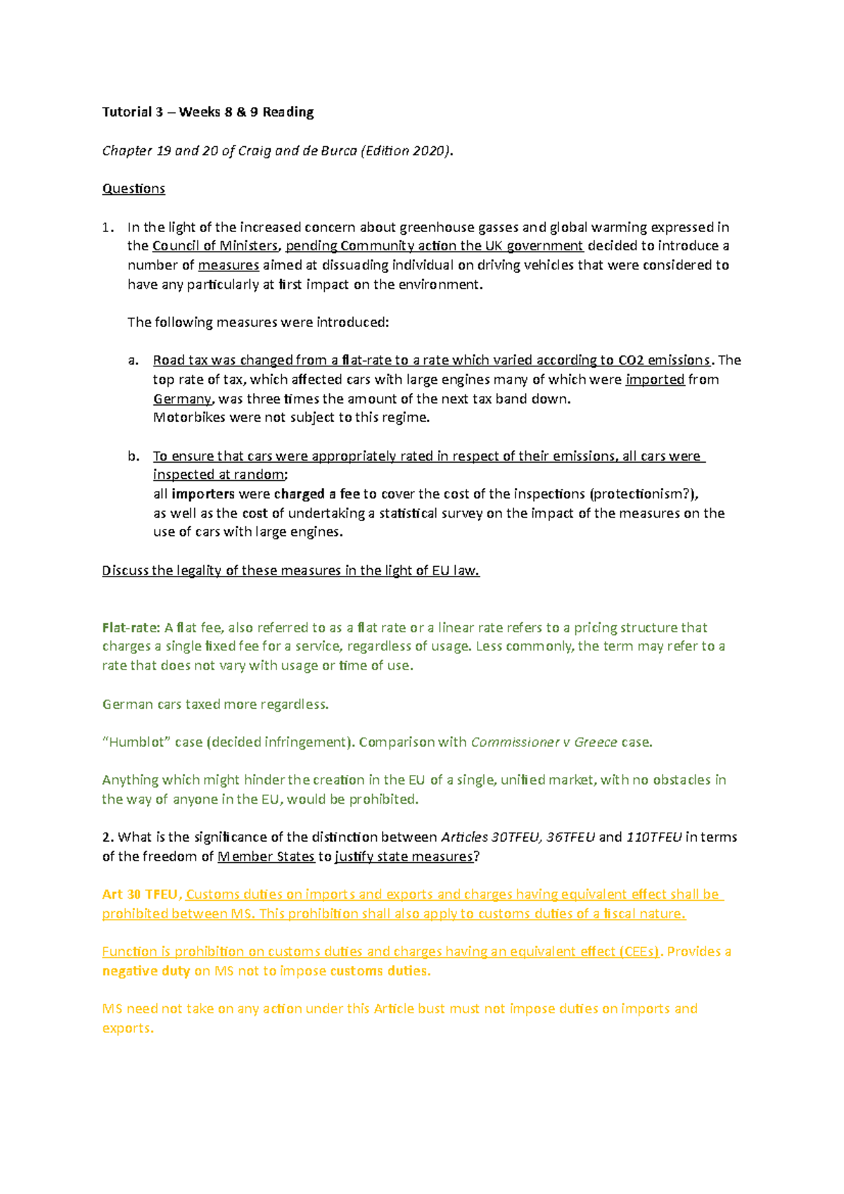 EU Law Tutorial 3 - Free movement of goods - Tutorial 3 – Weeks 8 & 9 ...