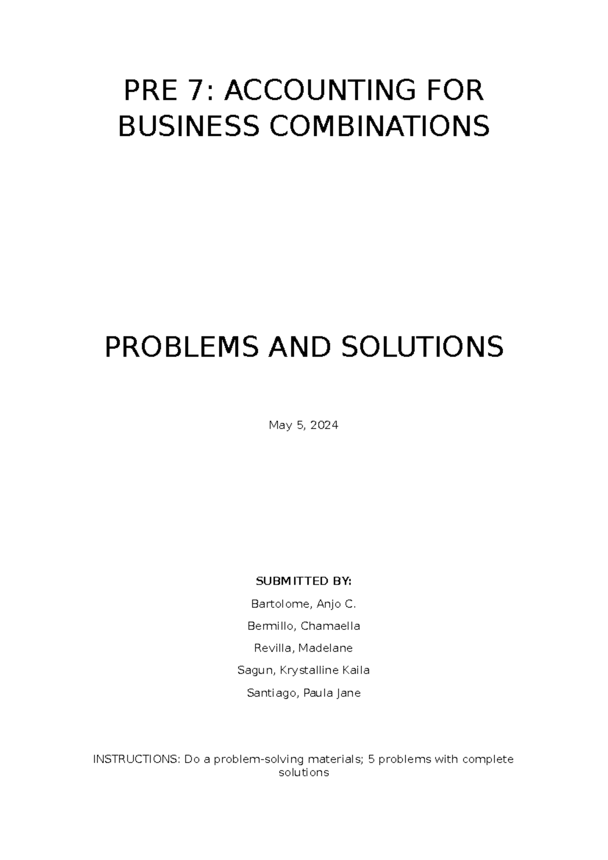 PRE 7- Accounting FOR Business Combinations Problem Materials - PRE 7 ...