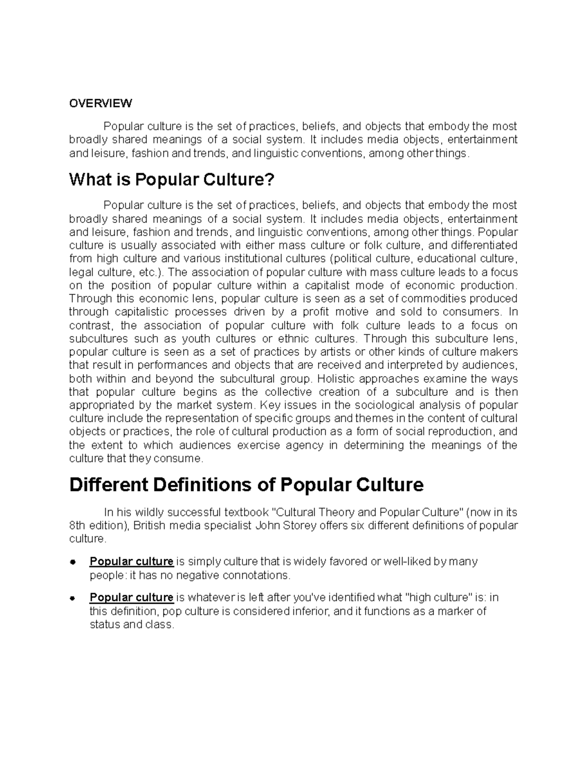 Intro TO Popular Culture - OVERVIEW Popular culture is the set of ...
