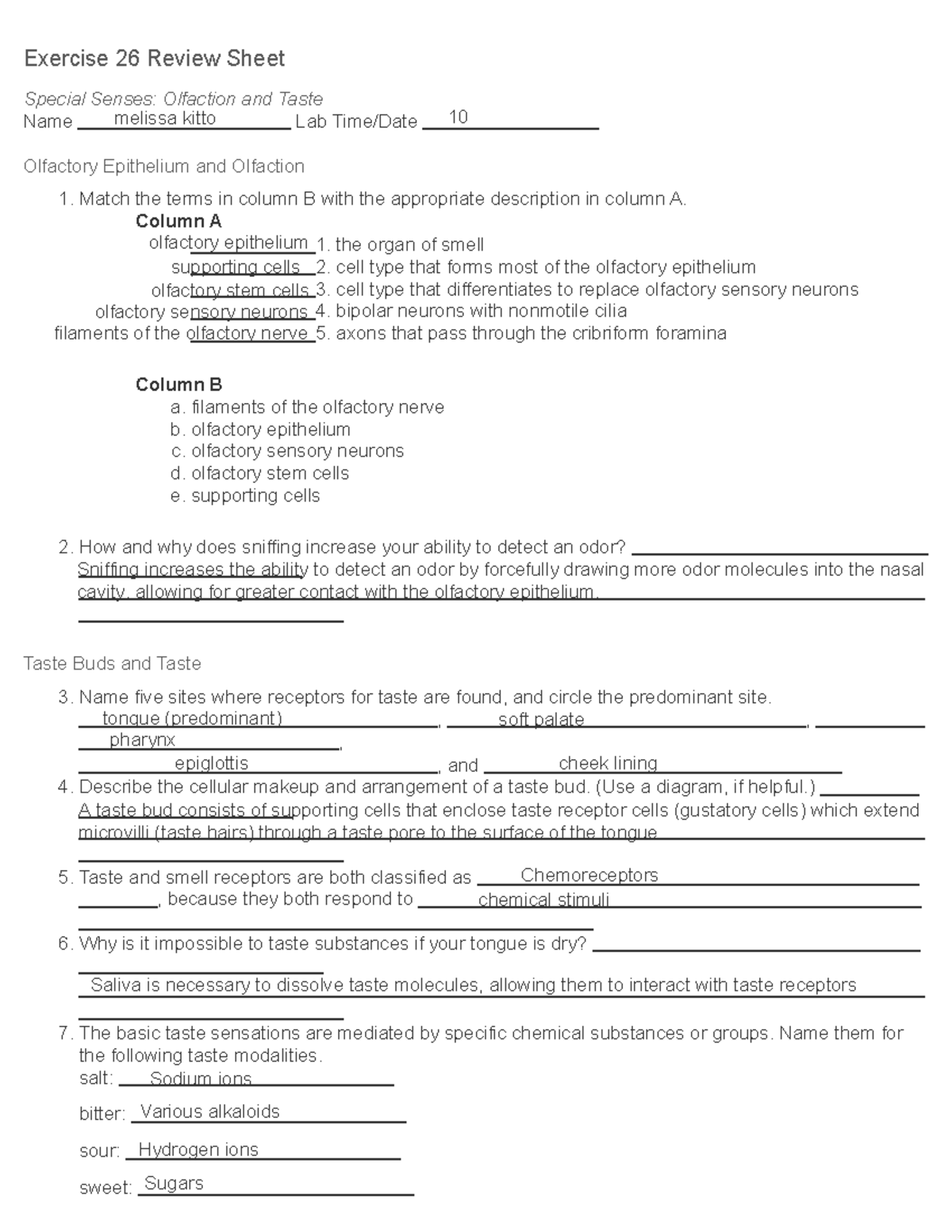Exercise 26 Review Sheet Done - Exercise 26 Review Sheet Special Senses ...