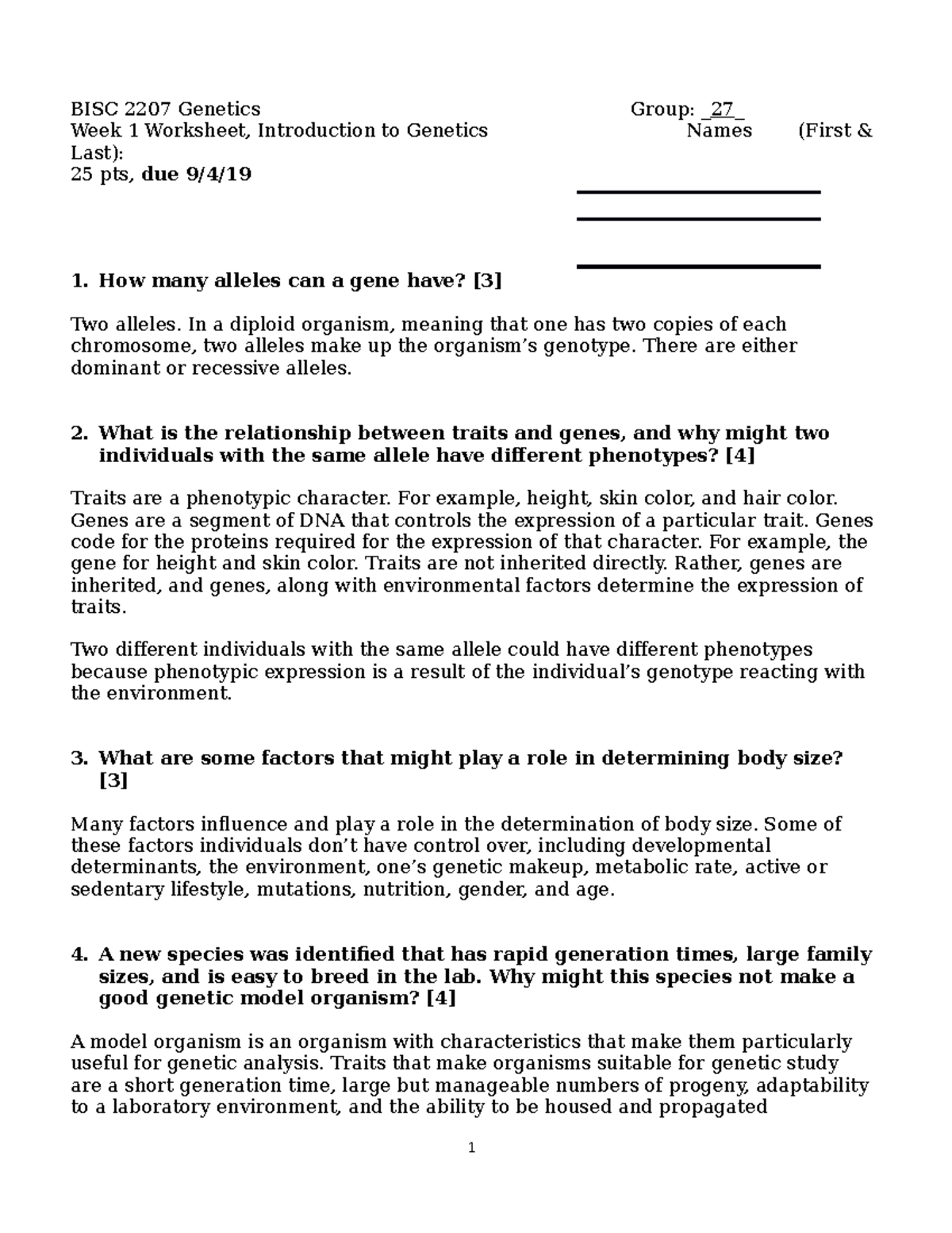 Genetics Worksheet 1 - BISC 2207 Genetics Group: 27 Week 1 Worksheet ...