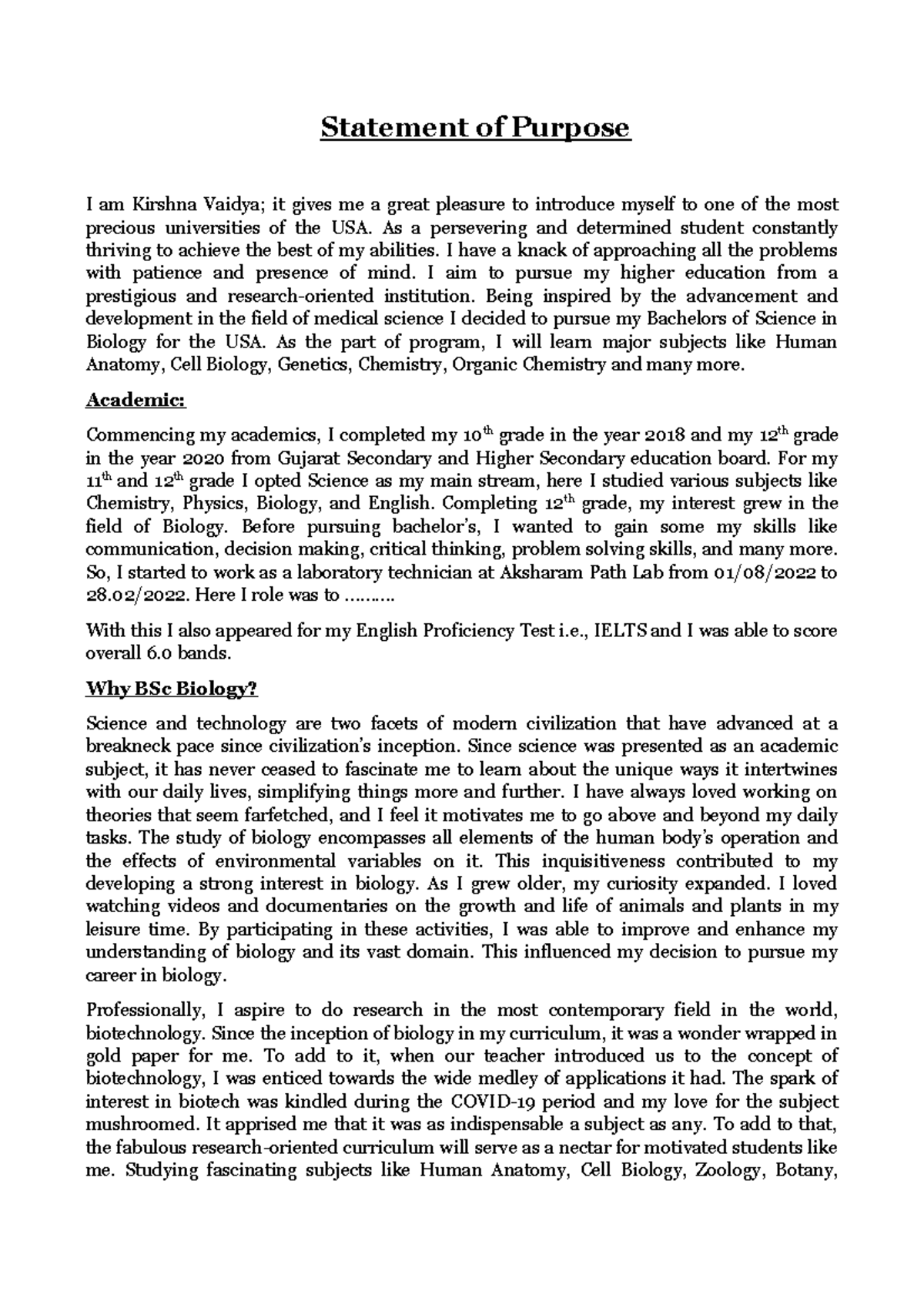 Krishna Vaidya - BS Biology - Statement of Purpose I am Kirshna Vaidya ...