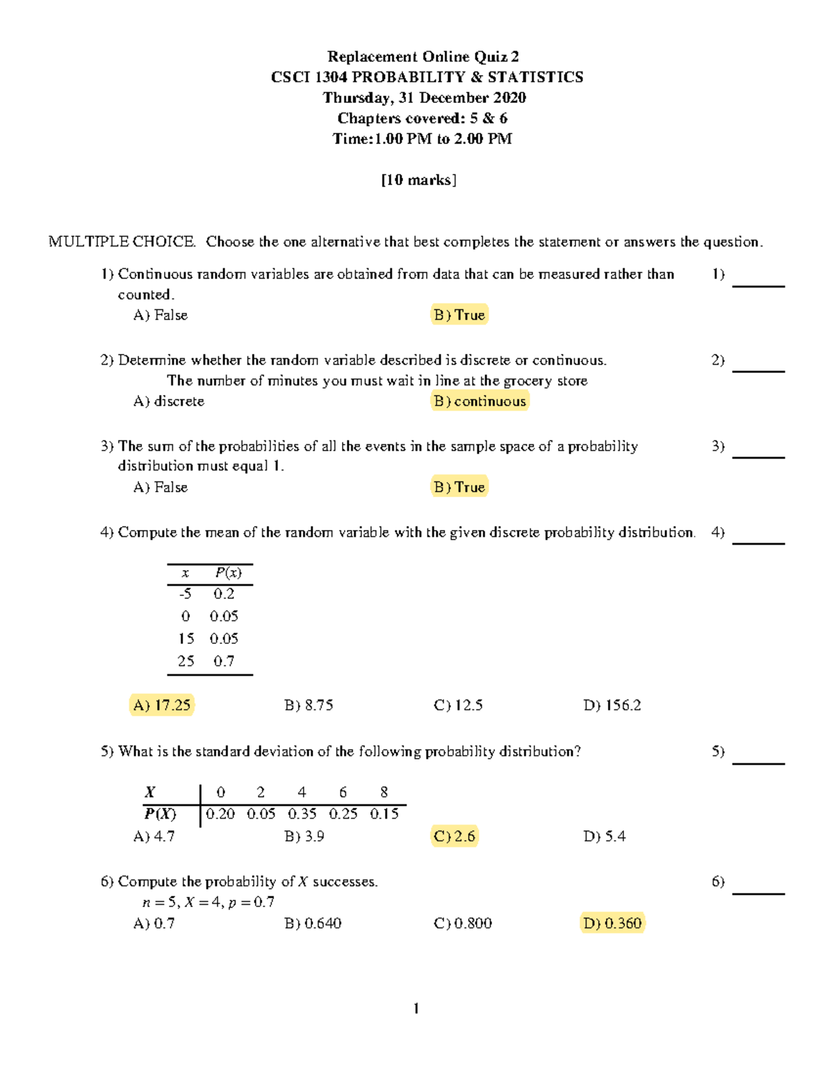 Quiz Chapter: 5 & 6 - Replacement Online Quiz 2 CSCI 1304 PROBABILITY ...