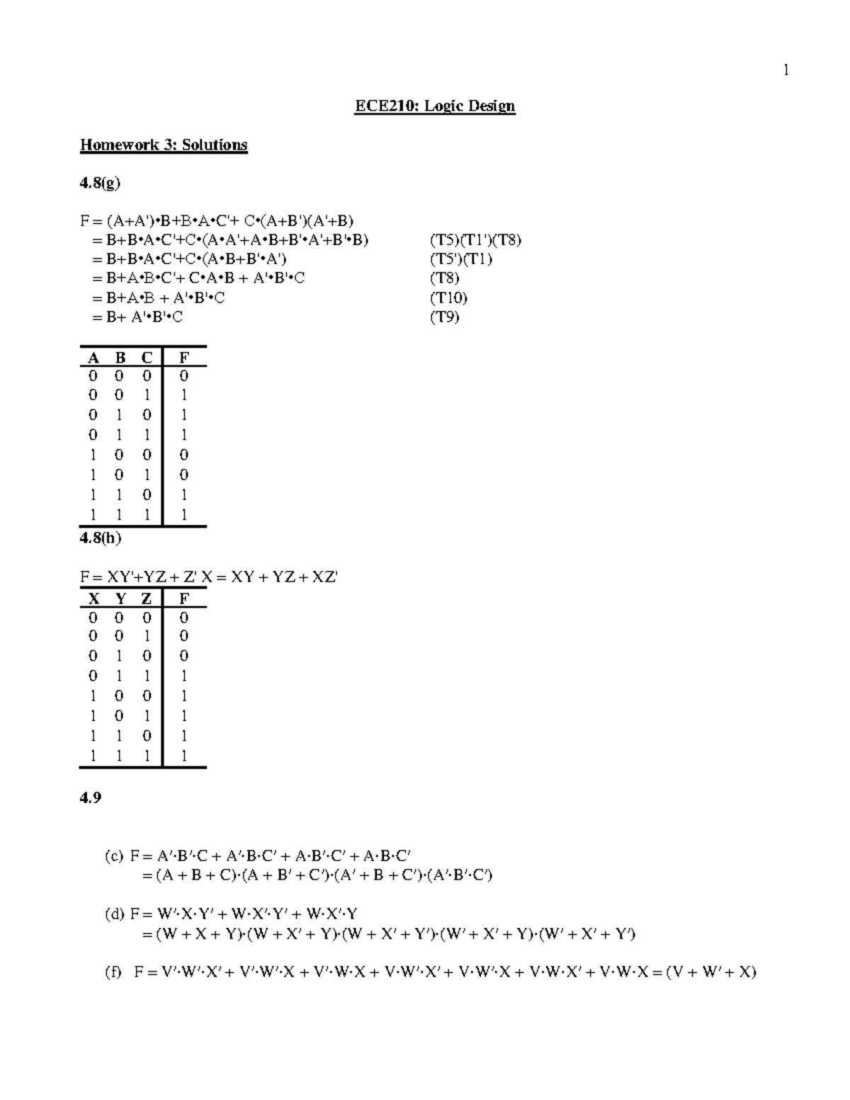 Homework 3 Solution Ece 210 Uofl Ece210 Logic Design Homework Solutions T5 T1 T8 T5 T1 T8 T10 T9 Xy Yz Xy Yz Xz F3 F3 Yz Yz Xy Xyz