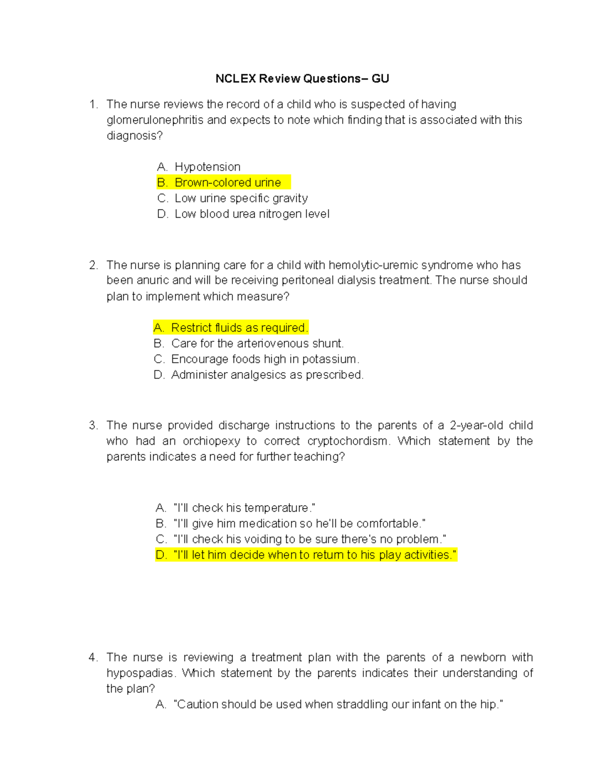 Nclex Review Questions GU NCLEX Review Questions GU The nurse