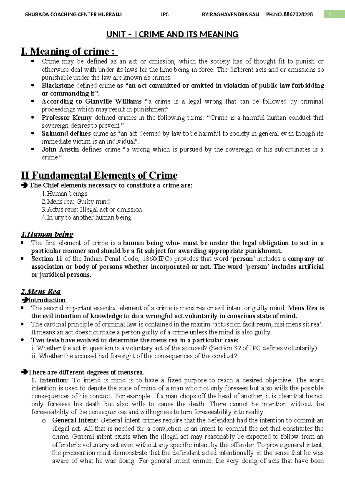 INDIAN penal code KSLU - UNIT – I CRIME AND ITS MEANING I. Meaning of ...
