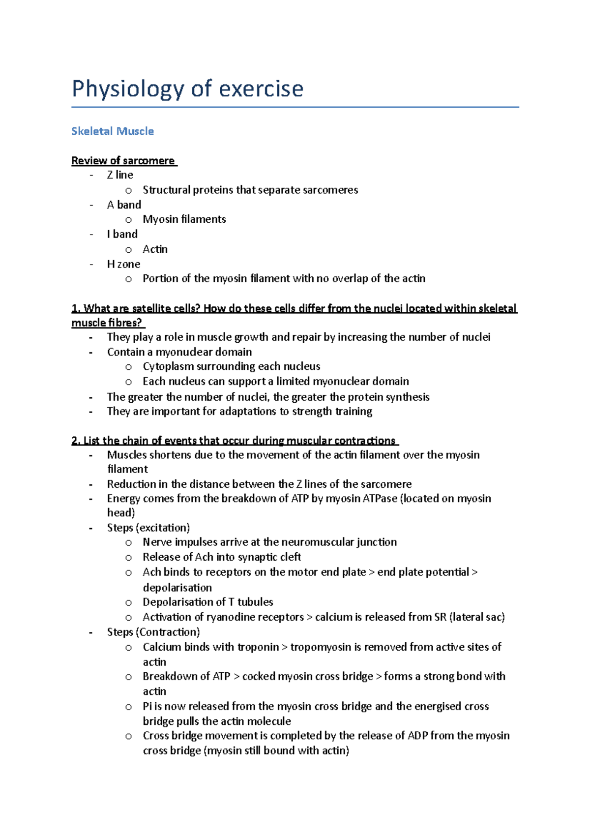 Physiology of exercise Questions - Physiology of exercise Skeletal ...