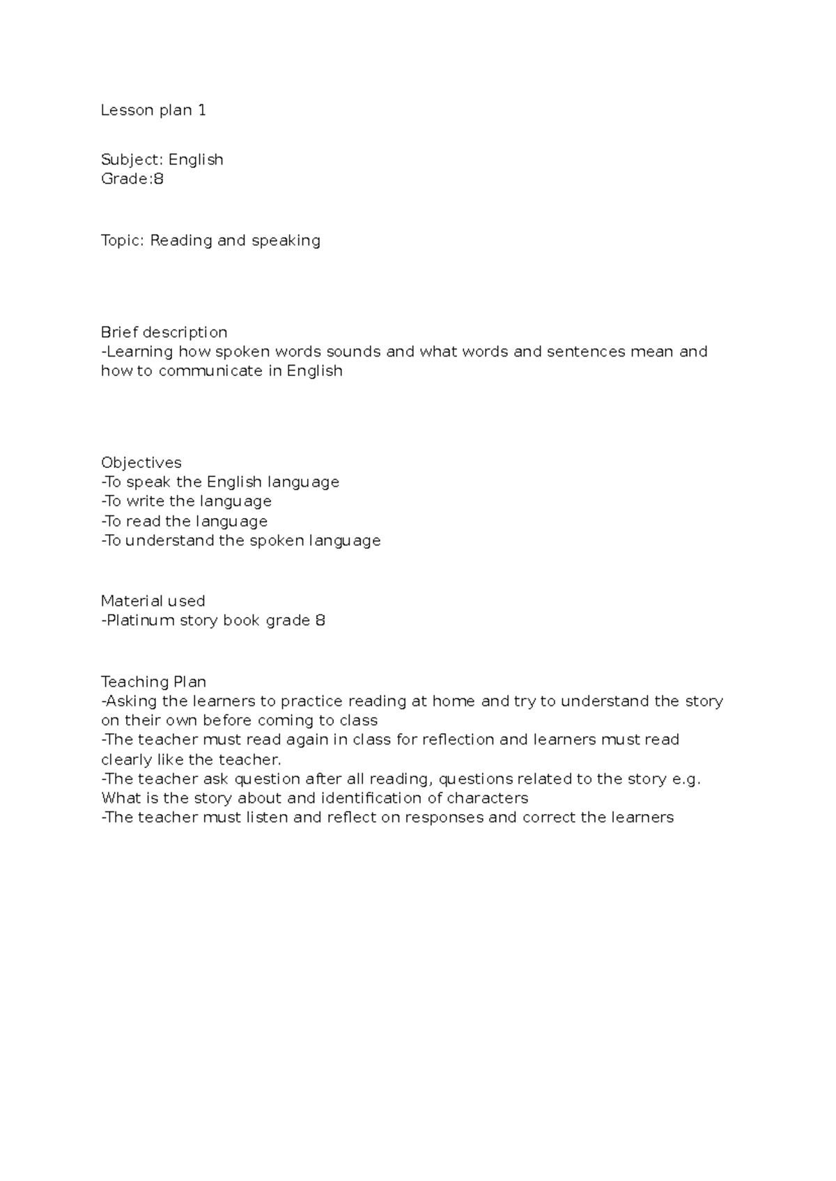5 lesson plans - Subject: English Grade: Topic: Reading and speaking ...