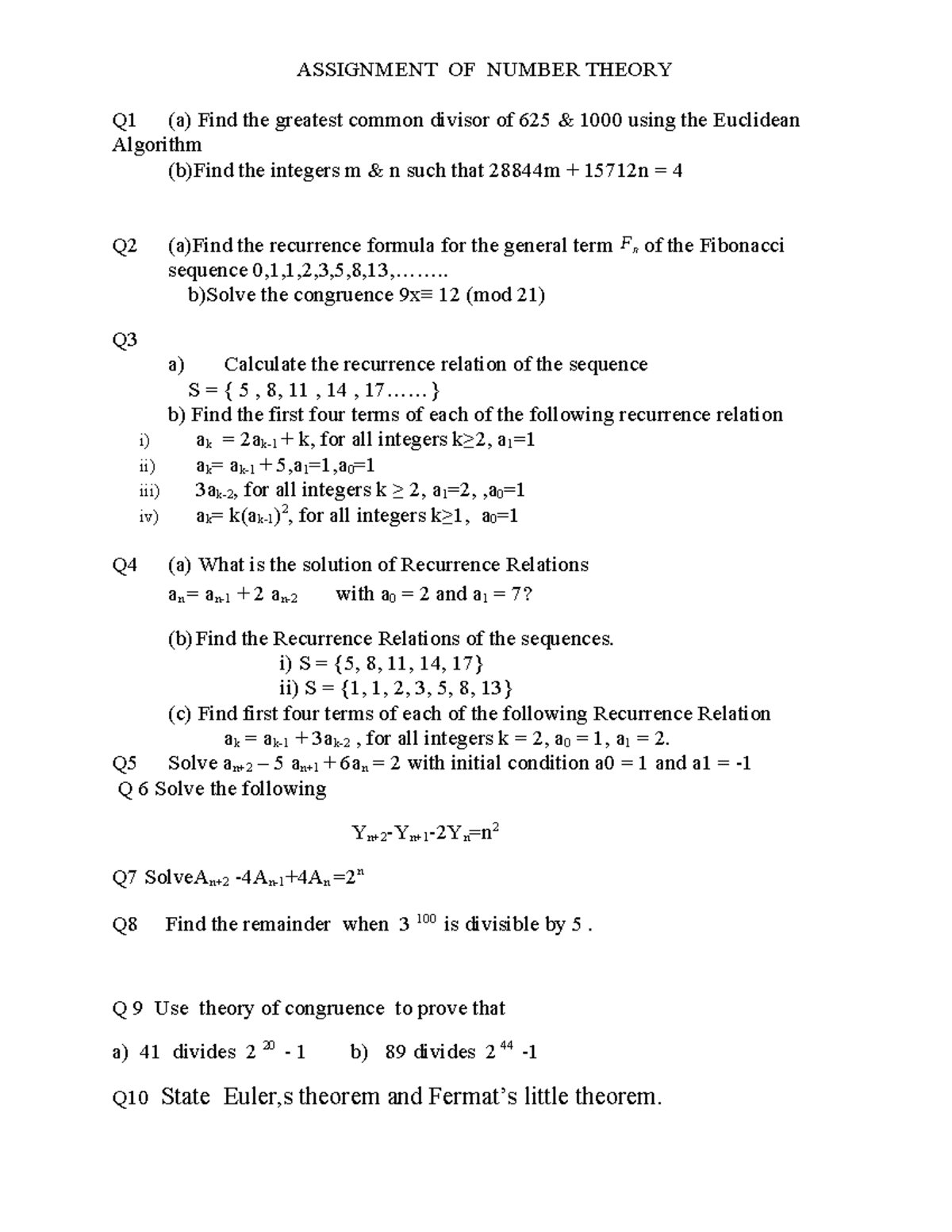 Assignment Of Number theory - ASSIGNMENT OF NUMBER THEORY Q1 (a) Find ...
