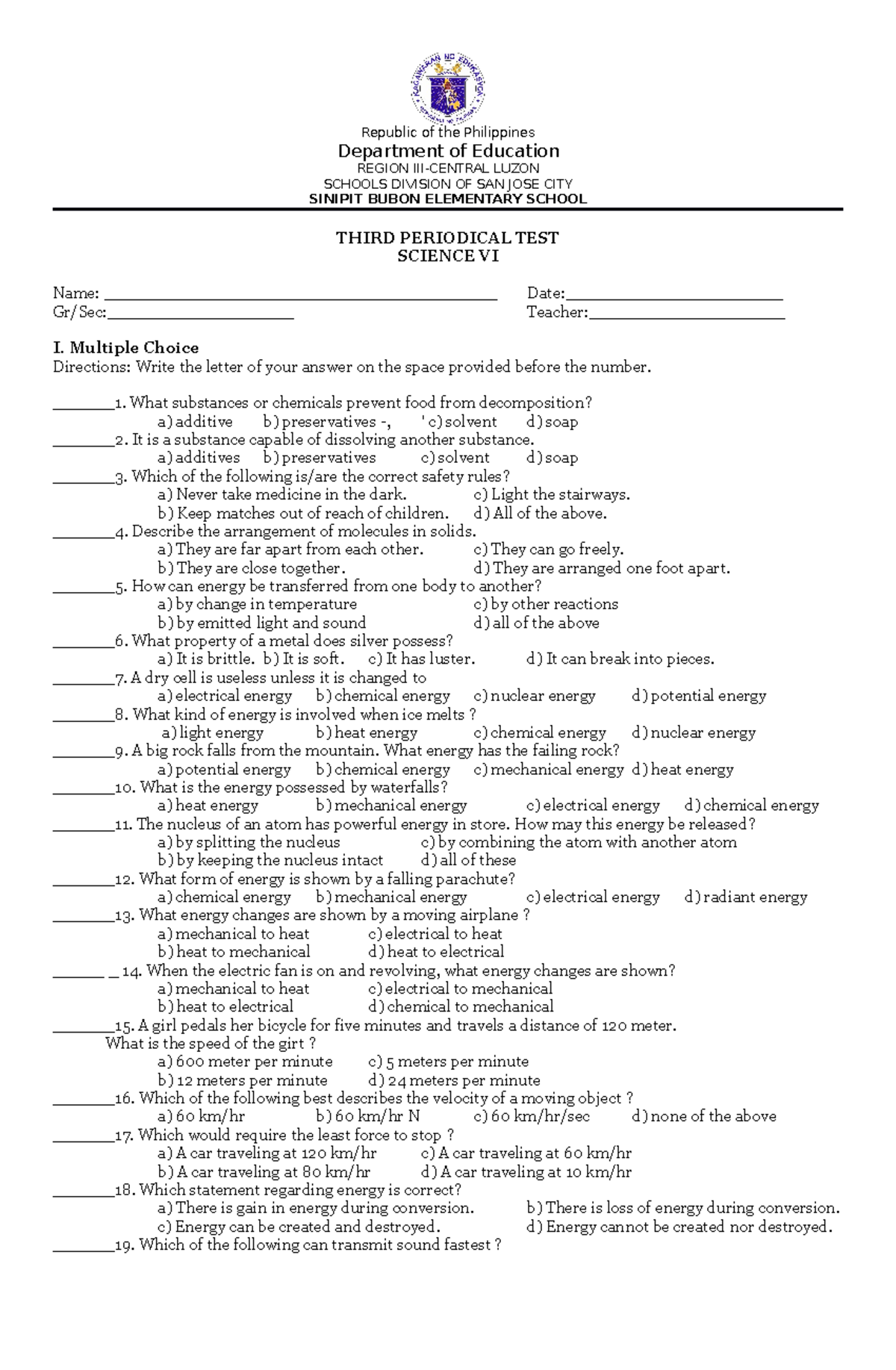 Pt Science 6 Q3 Lmm M Republic Of The Philippines Department Of Education Region Iii Central