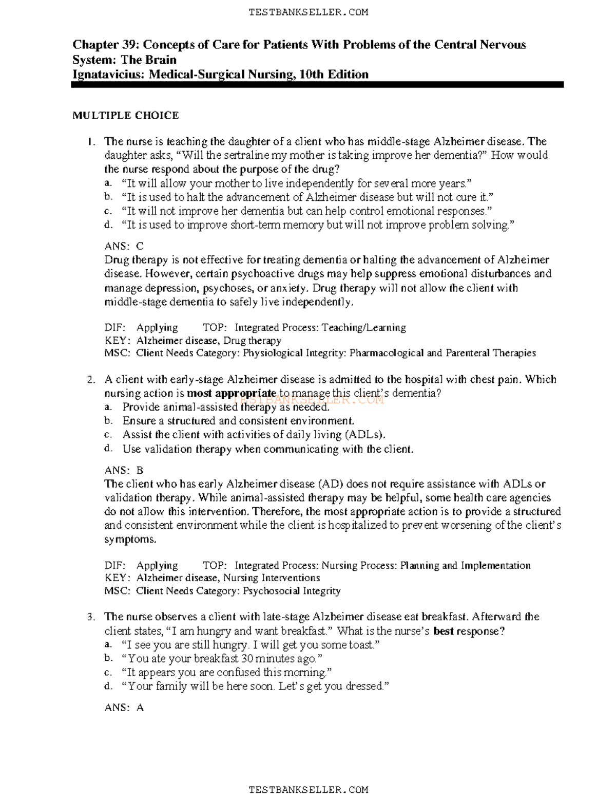 39 med - For study guide - TESTBANKSELLER Chapter 39: Concepts of Care 