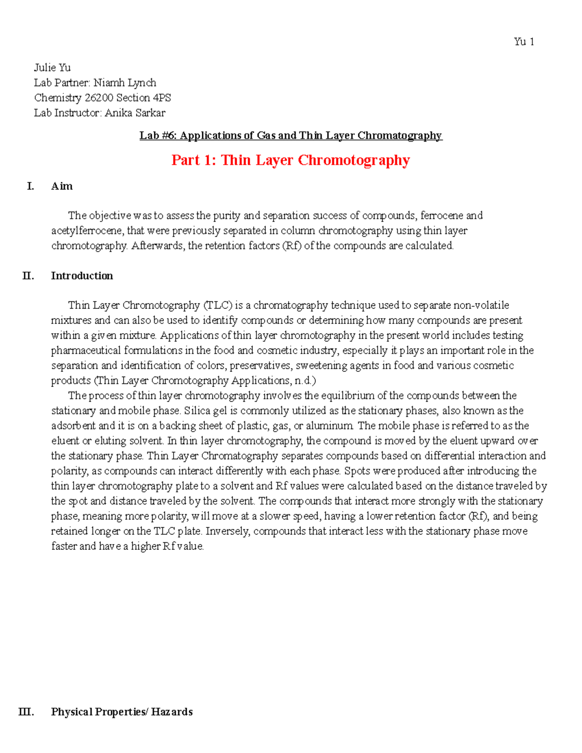 Orgo Lab 6 Gas and TLC - orgo - Julie Yu Lab Partner: Niamh Lynch ...
