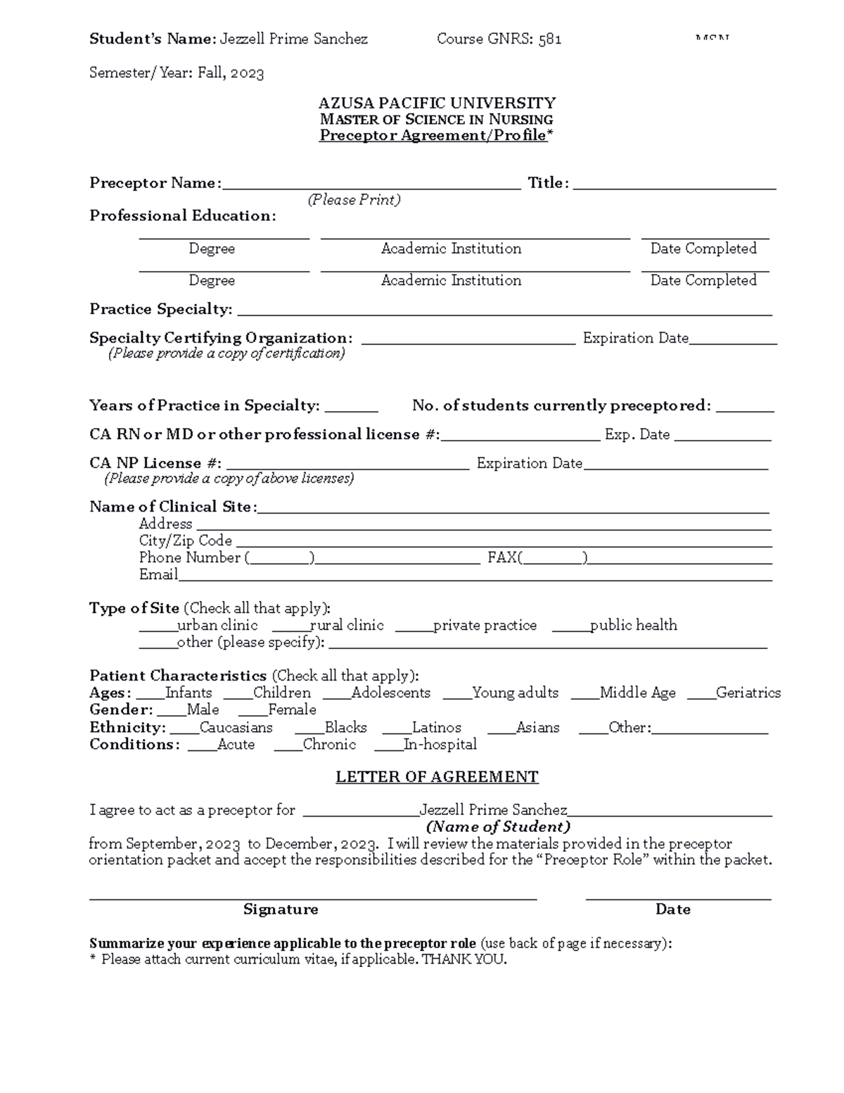 Preceptor Agreement form copy - Student’s Name: Jezzell Prime Sanchez ...