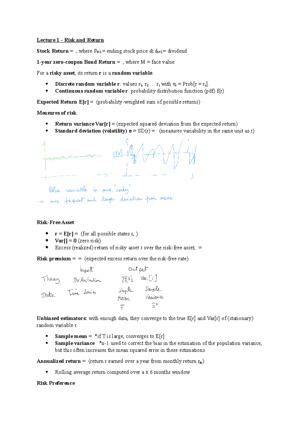 4337 Notes - Lecture 1 - Risk and Return Stock Return = , where Pt+1 ...