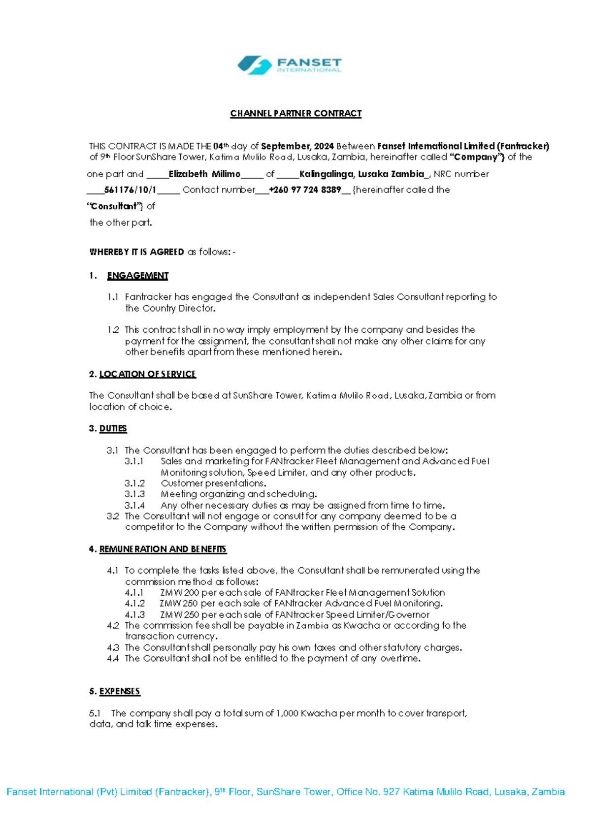 Channel Partner Contract - Elizabeth Milimo - Fanset International (Pvt ...