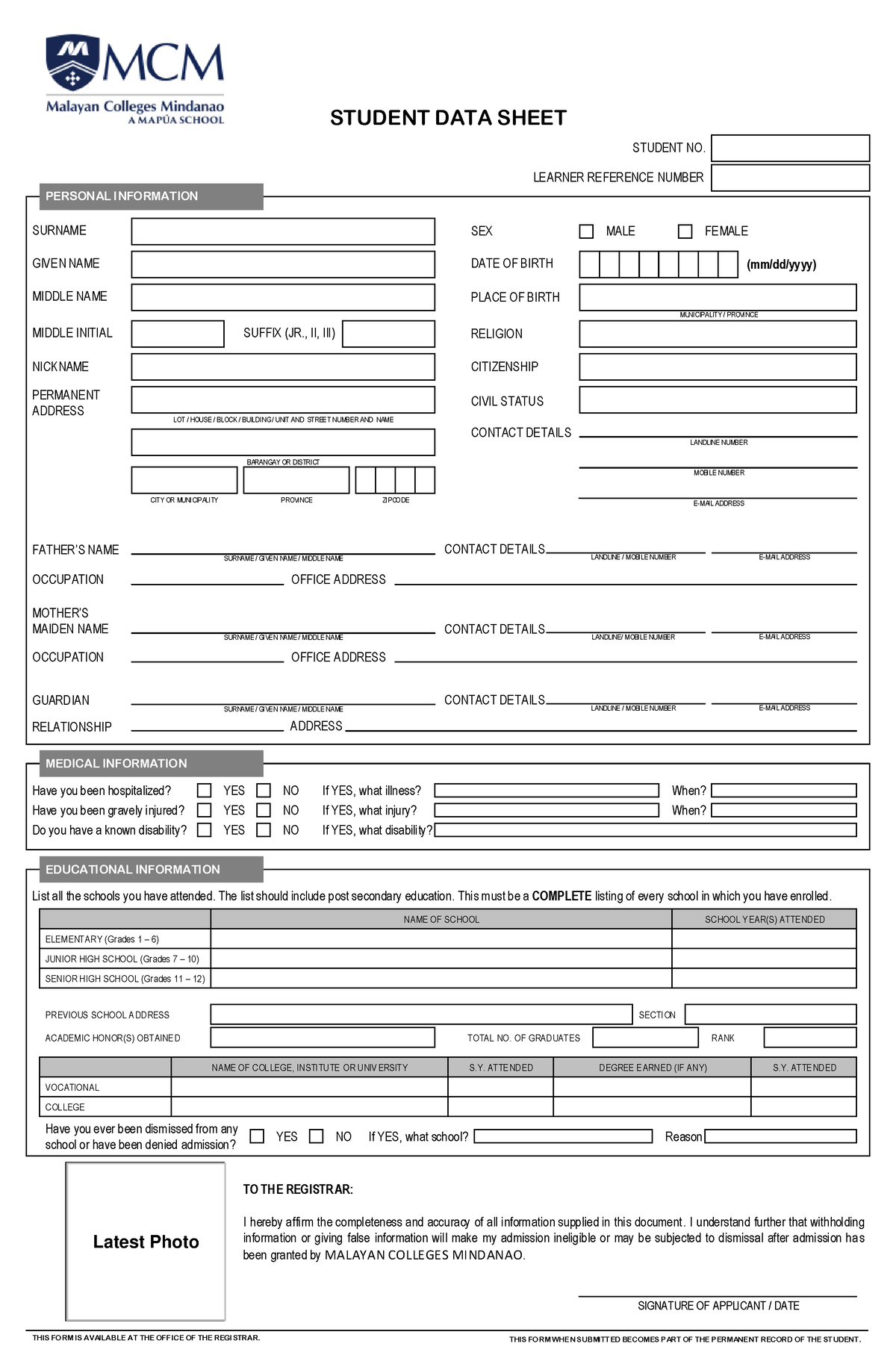 1-college-student Data Sheet - Student Data Sheet Surname Personal 