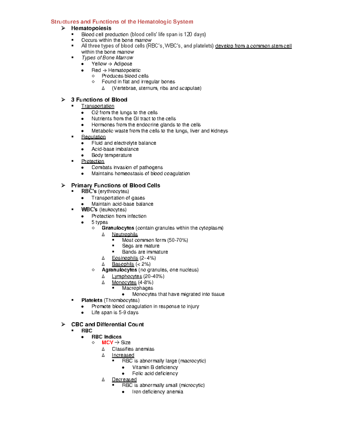 Hematologic System - Lecture Notes 1 - Structures And Functions Of The ...