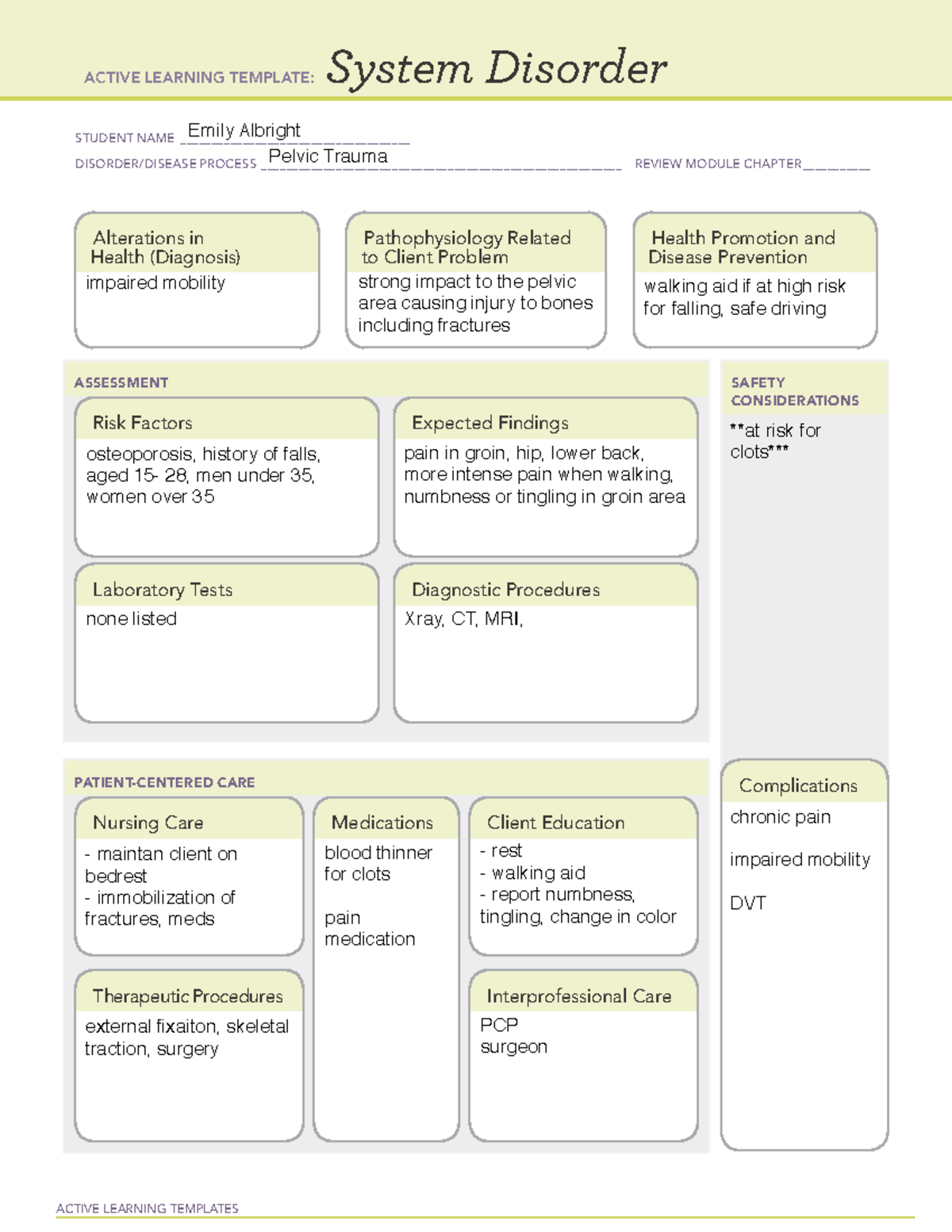 Pelvic Trauma ATI - ACTIVE LEARNING TEMPLATES System Disorder STUDENT ...